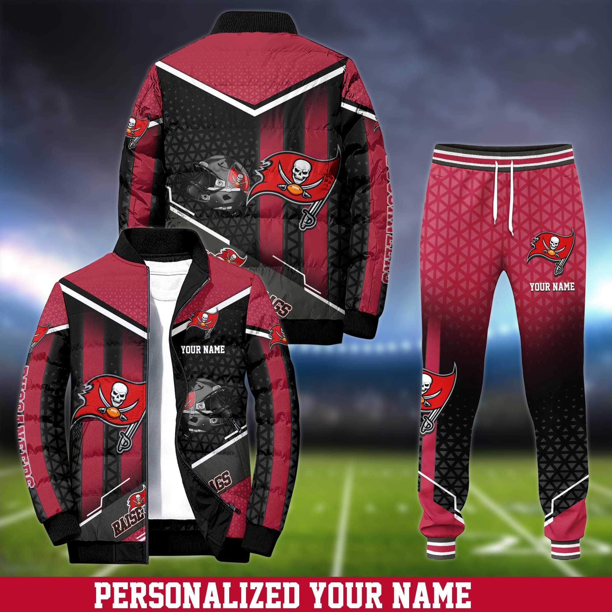 Tampa Bay Buccaneers Puffer Jacket And Sweatpants 2024 Version Personalized Your Name, Puffer Jacket For Sport Fans, Sport Sweatpants, Gifts For Sport Lovers ETHY-62775