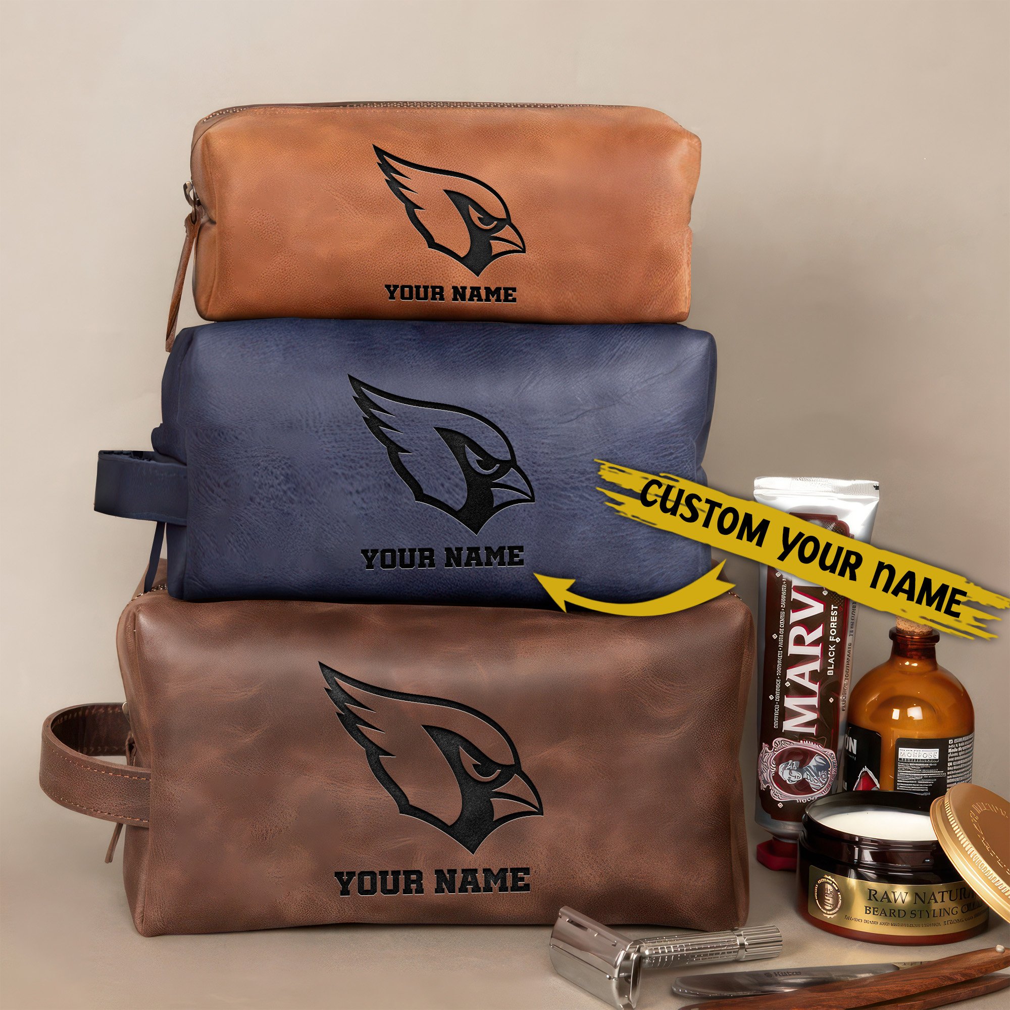 Arizona Cardinals Leather Toiletry Bag For Men Custom Your Name, Engraved Leather Dopp Kit Bag, Football Fan  Gifts, Gift For Dad  EHIVM-58668