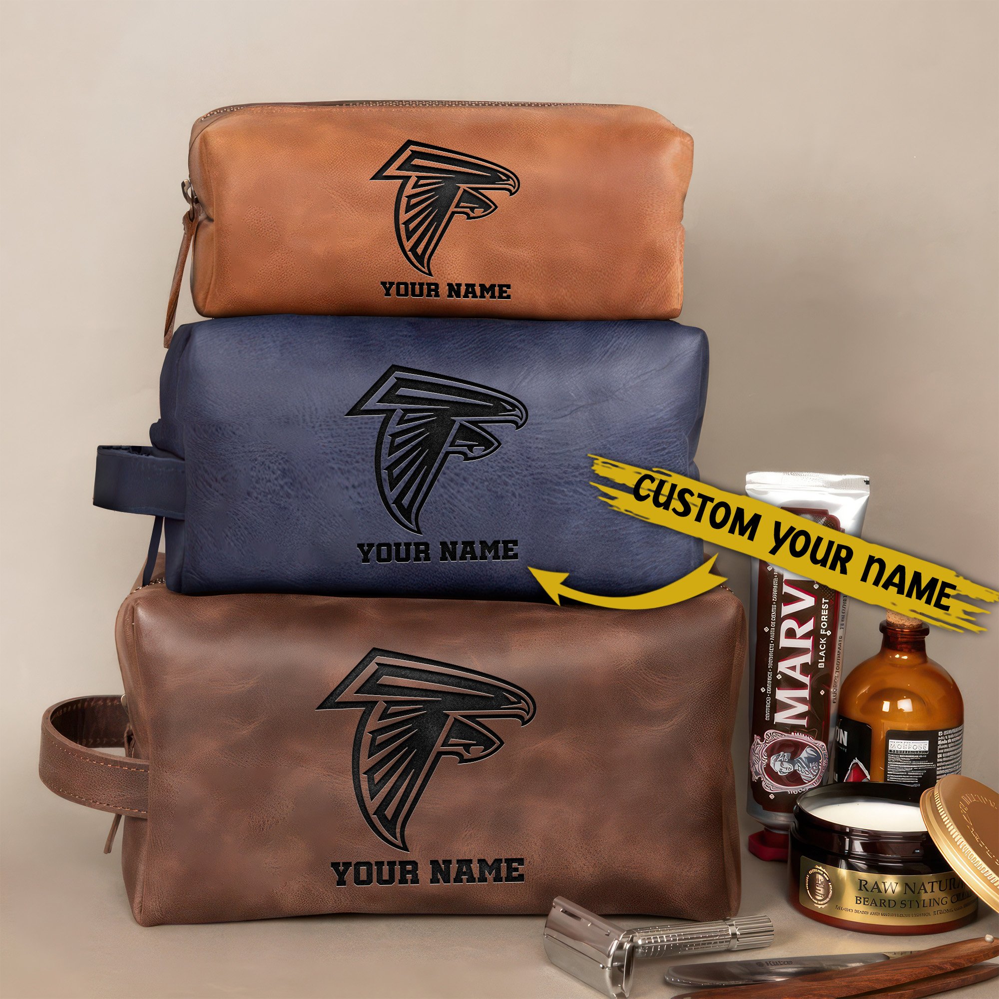 Atlanta Falcons Leather Toiletry Bag For Men Custom Your Name, Engraved Leather Dopp Kit Bag, Football Fan  Gifts, Gift For Dad  EHIVM-58668