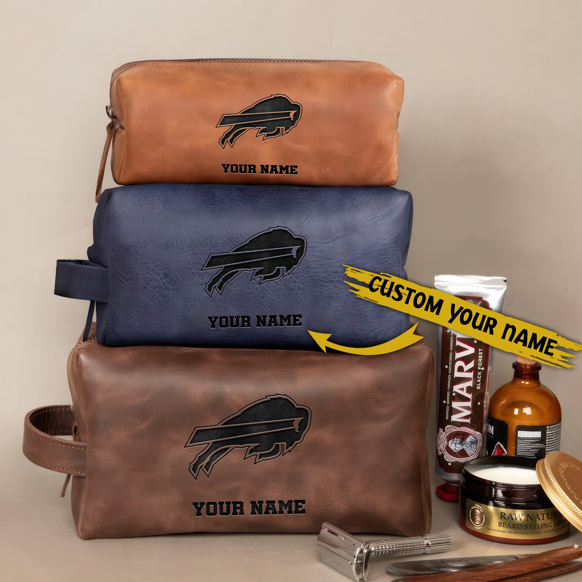 Buffalo Bills Leather Toiletry Bag For Men Custom Your Name, Engraved Leather Dopp Kit Bag, Football Fan  Gifts, Gift For Dad  EHIVM-58668