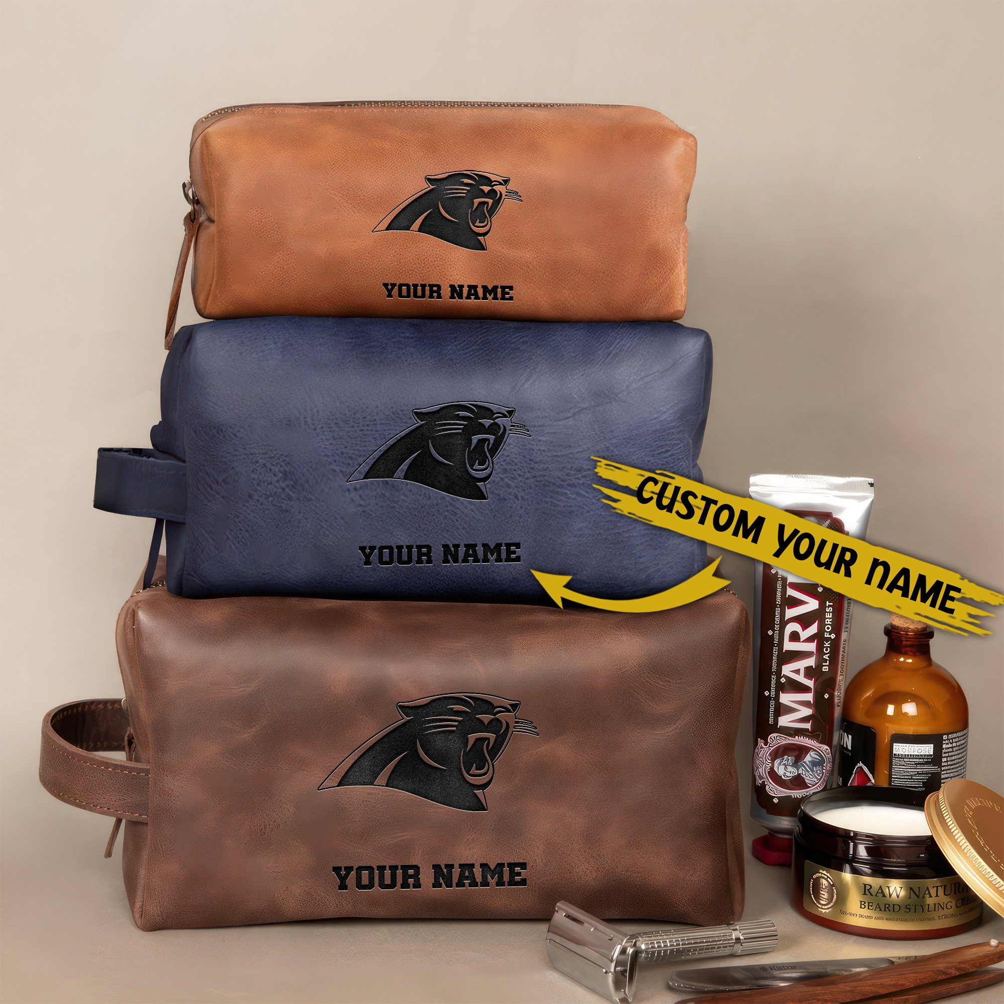 Carolina Panthers Leather Toiletry Bag For Men Custom Your Name, Engraved Leather Dopp Kit Bag, Football Fan  Gifts, Gift For Dad  EHIVM-58668