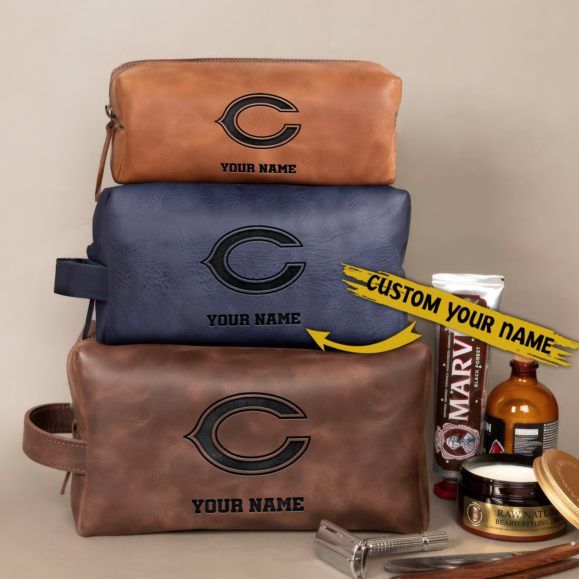 Chicago Bears Leather Toiletry Bag For Men Custom Your Name, Engraved Leather Dopp Kit Bag, Football Fan  Gifts, Gift For Dad  EHIVM-58668