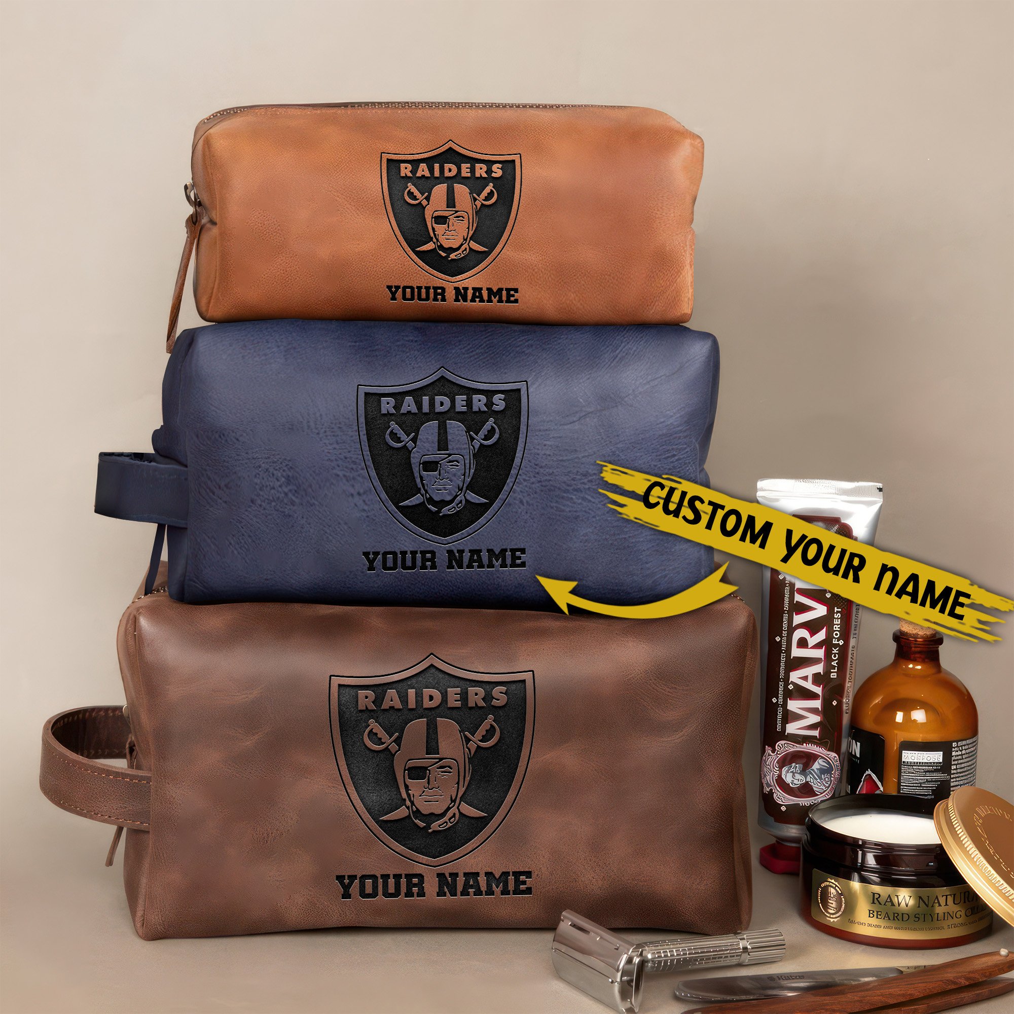 Las Vegas Raiders Leather Toiletry Bag For Men Custom Your Name, Engraved Leather Dopp Kit Bag, Football Fan  Gifts, Gift For Dad  EHIVM-58668