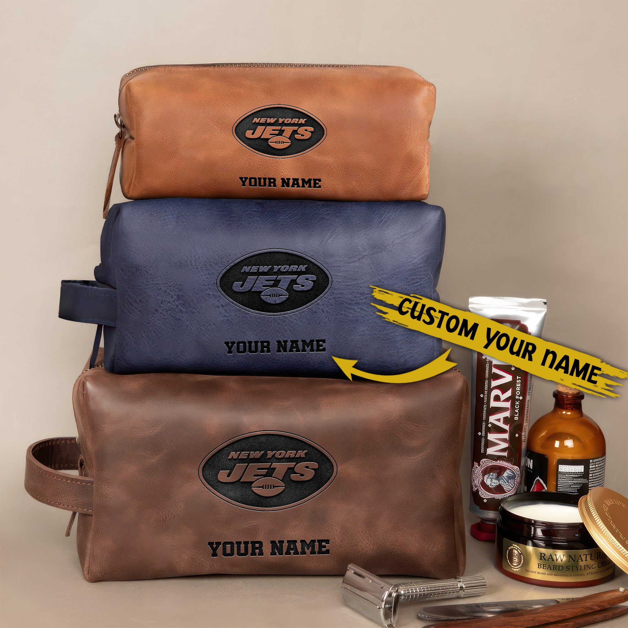 New York Jets Leather Toiletry Bag For Men Custom Your Name, Engraved Leather Dopp Kit Bag, Football Fan  Gifts, Gift For Dad  EHIVM-58668