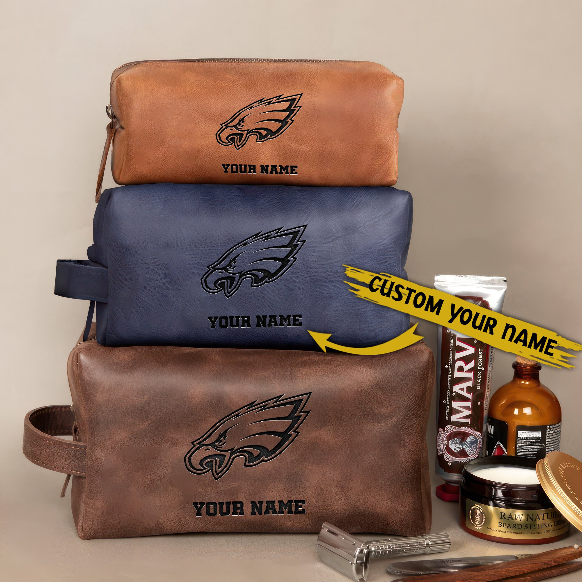 Philadelphia Eagles Leather Toiletry Bag For Men Custom Your Name, Engraved Leather Dopp Kit Bag, Football Fan  Gifts, Gift For Dad  EHIVM-58668