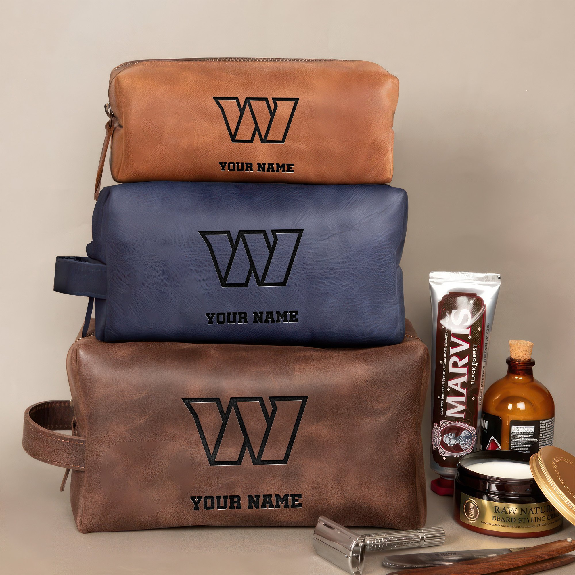 Alternative view of Washington Commanders Leather Toiletry Bag For Men Custom Your Name, Engraved Leather Dopp Kit Bag, Football Fan  Gifts, Gift For Dad  EHIVM-58668
