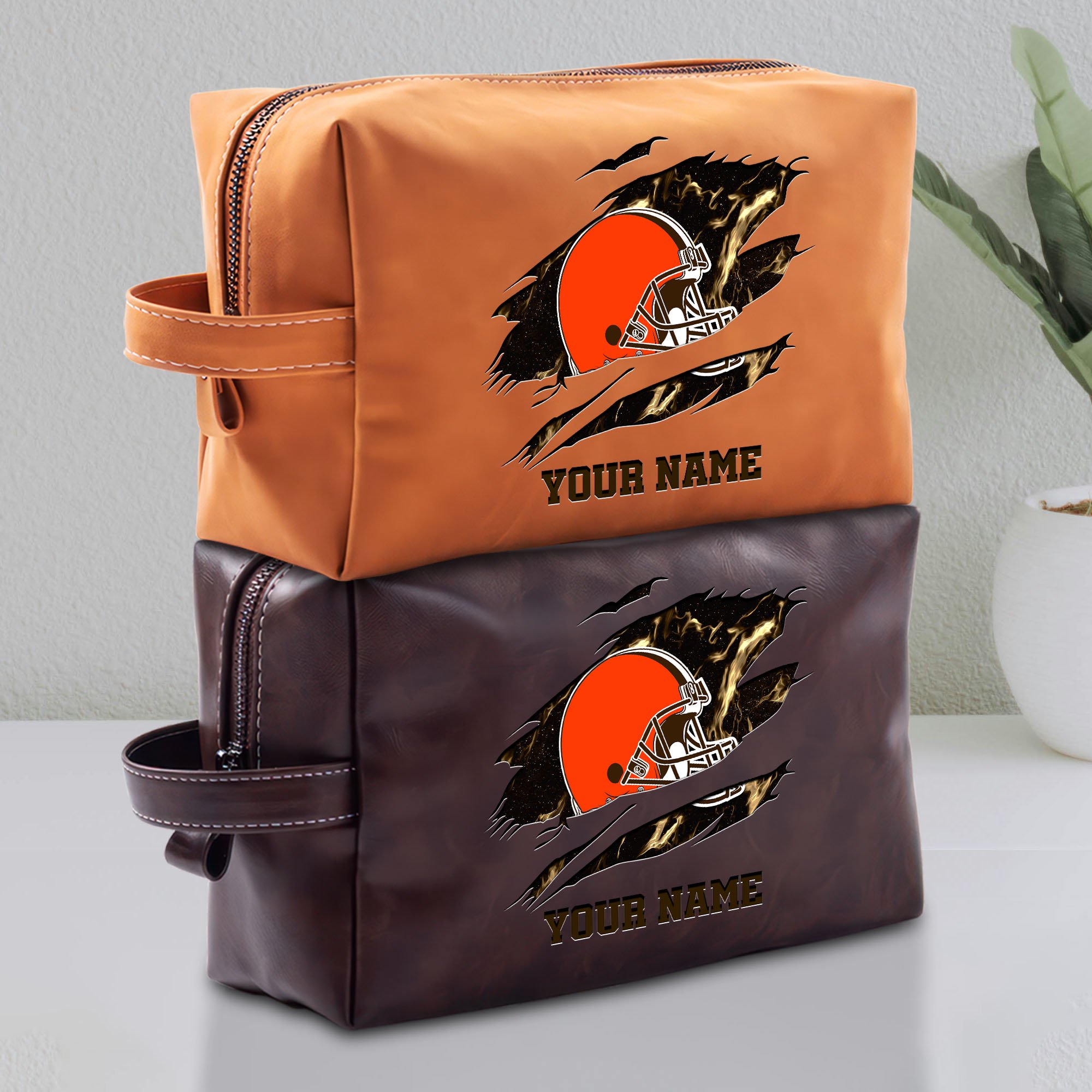 Cleveland Browns Leather Toiletry Bag For Men Custom Your Name 2024 Versions, Leather Dopp Kit Bag,  Football Fan Gifts EHIVM-58889