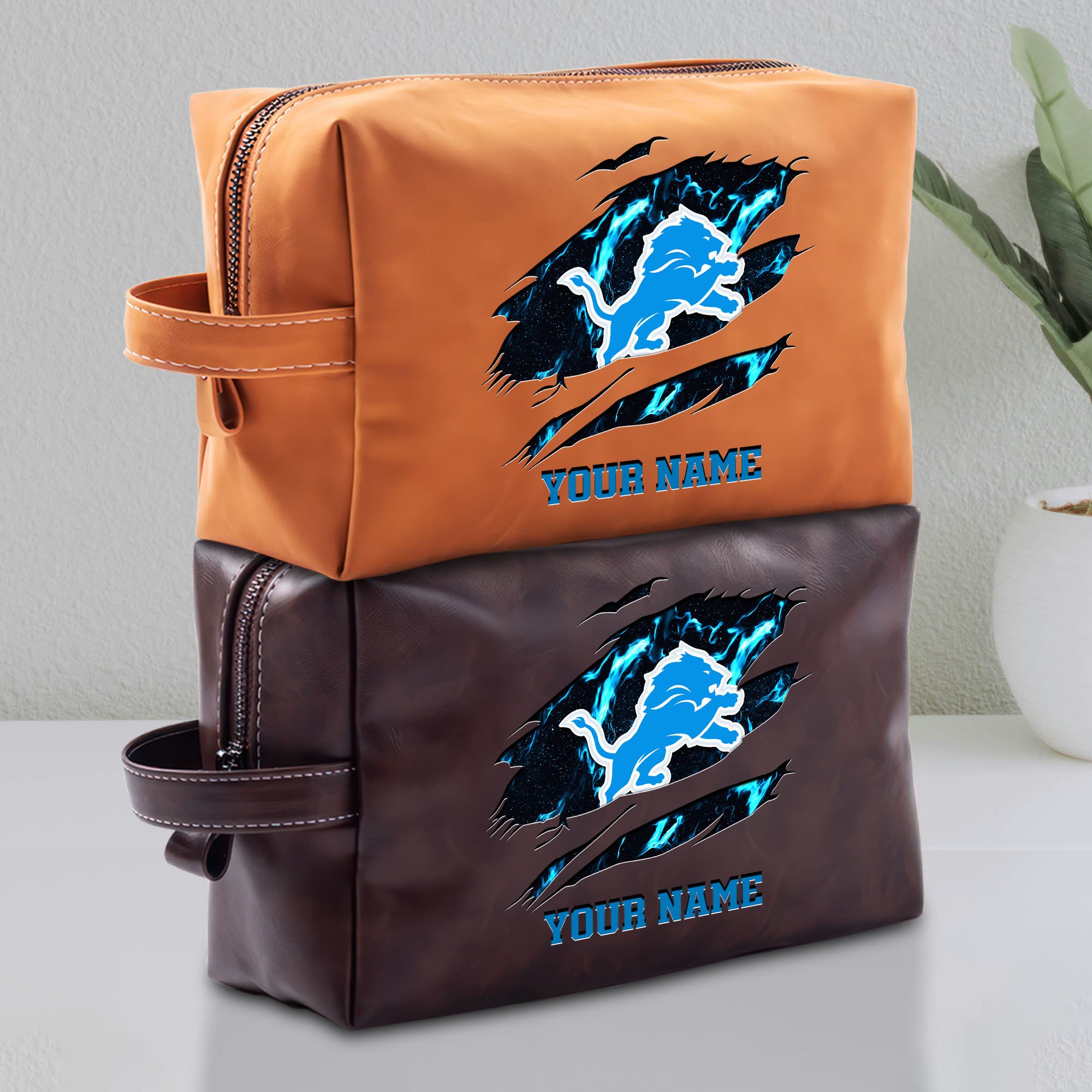 Detroit Lions Leather Toiletry Bag For Men Custom Your Name 2024 Versions, Leather Dopp Kit Bag,  Football Fan Gifts EHIVM-58889