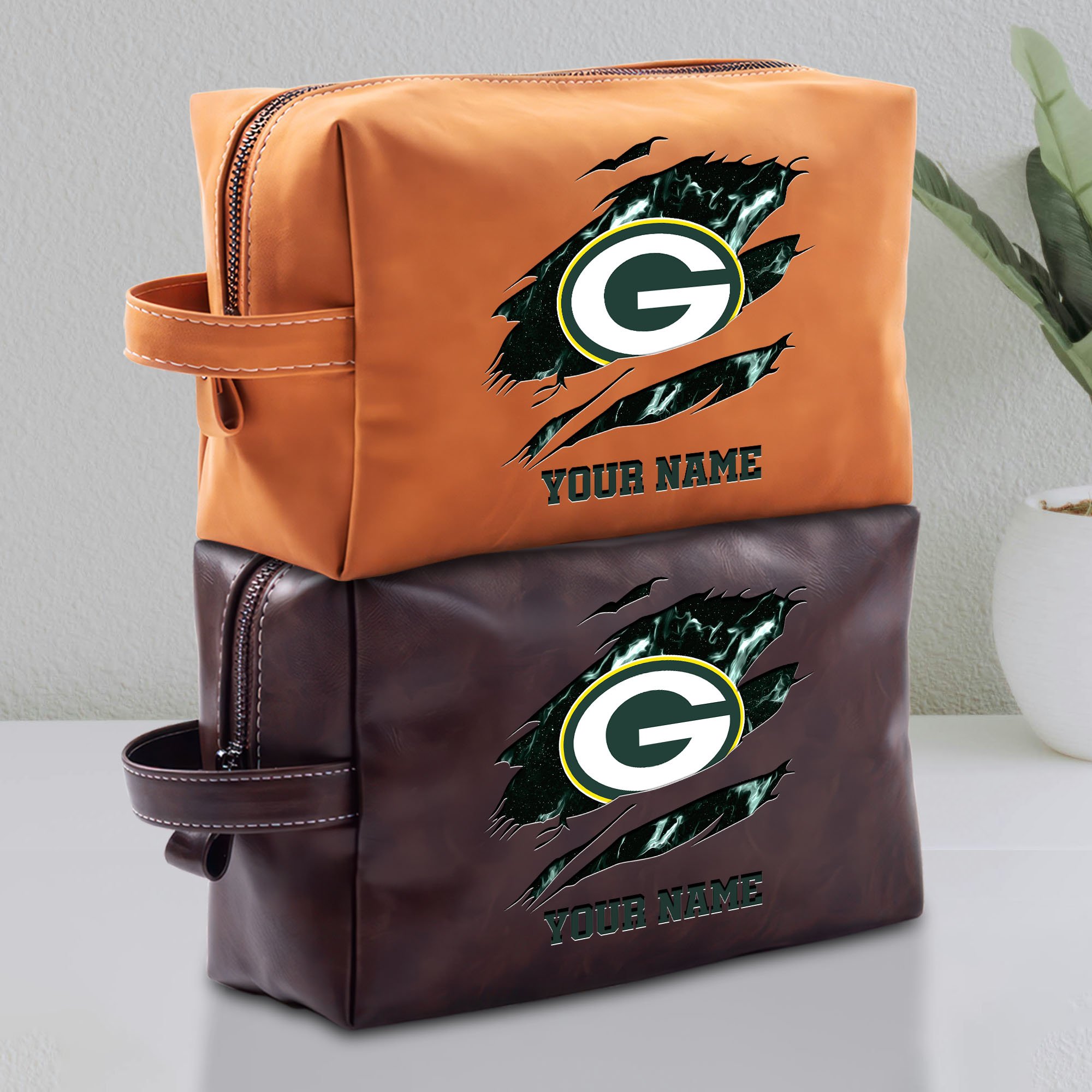 Green Bay Packers Leather Toiletry Bag For Men Custom Your Name 2024 Versions, Leather Dopp Kit Bag,  Football Fan Gifts EHIVM-58889