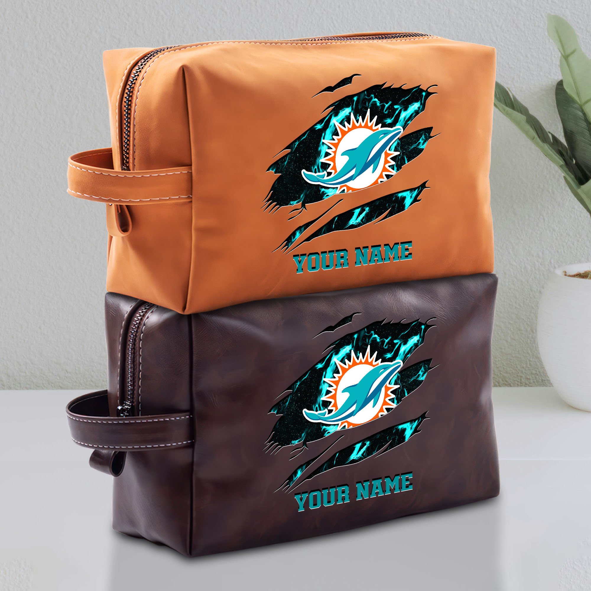 Miami Dolphins Leather Toiletry Bag For Men Custom Your Name 2024 Versions, Leather Dopp Kit Bag,  Football Fan Gifts EHIVM-58889