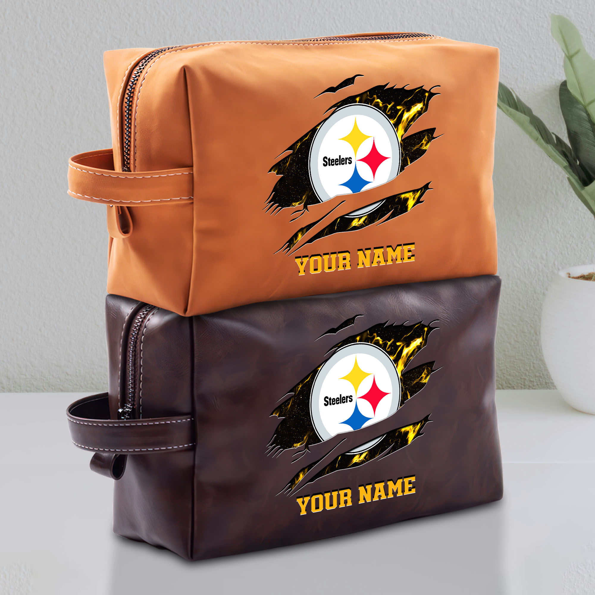 Pittsburgh Steelers Leather Toiletry Bag For Men Custom Your Name 2024 Versions, Leather Dopp Kit Bag,  Football Fan Gifts EHIVM-58889