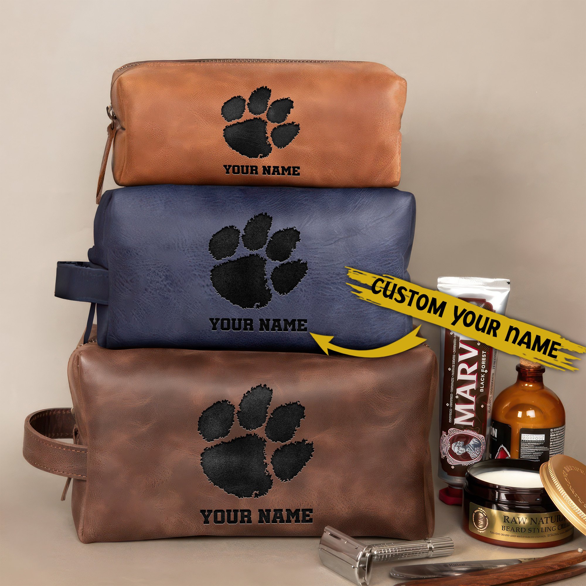 Clemson Tigers Leather Toiletry Bag For Men Custom Your Name 2024 Versions, Engraved Leather Dopp Kit Bag, Football Fan Gifts, Gift For Dad EHIVM-58899