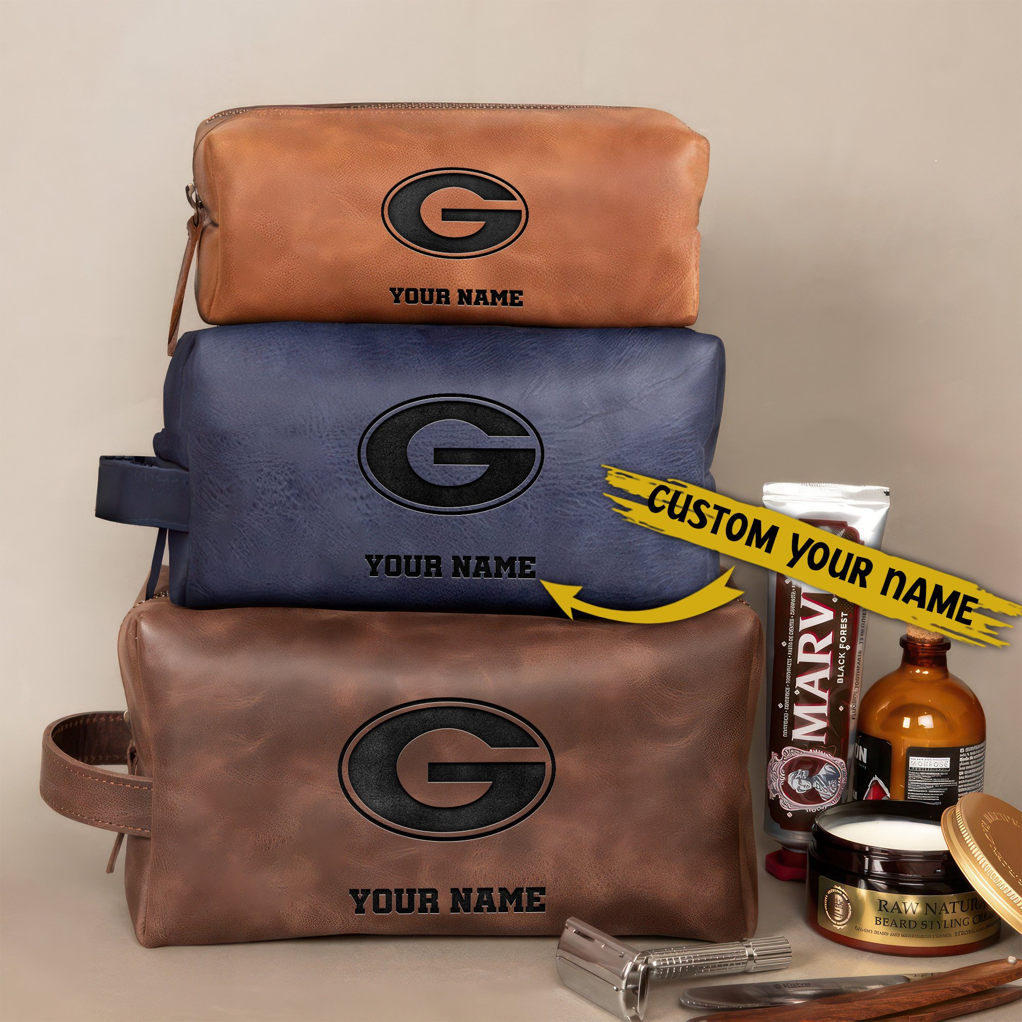 Georgia Bulldogs Leather Toiletry Bag For Men Custom Your Name 2024 Versions, Engraved Leather Dopp Kit Bag, Football Fan Gifts, Gift For Dad EHIVM-58899