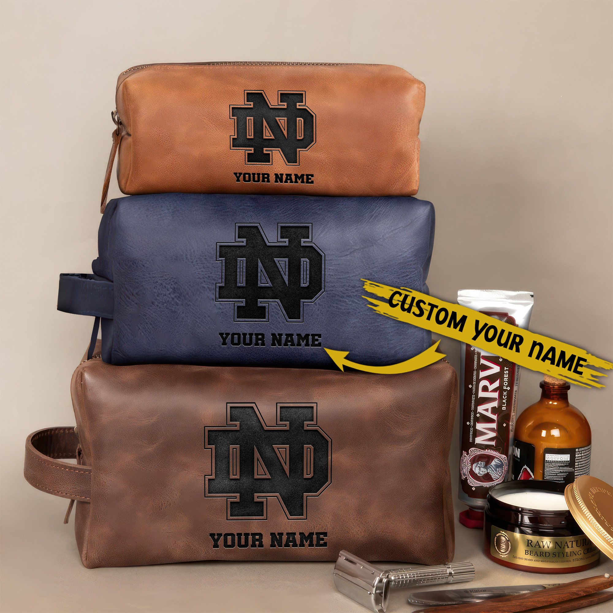 Notre Dame Fighting Irish Leather Toiletry Bag For Men Custom Your Name 2024 Versions, Engraved Leather Dopp Kit Bag, Football Fan Gifts, Gift For Dad EHIVM-58899