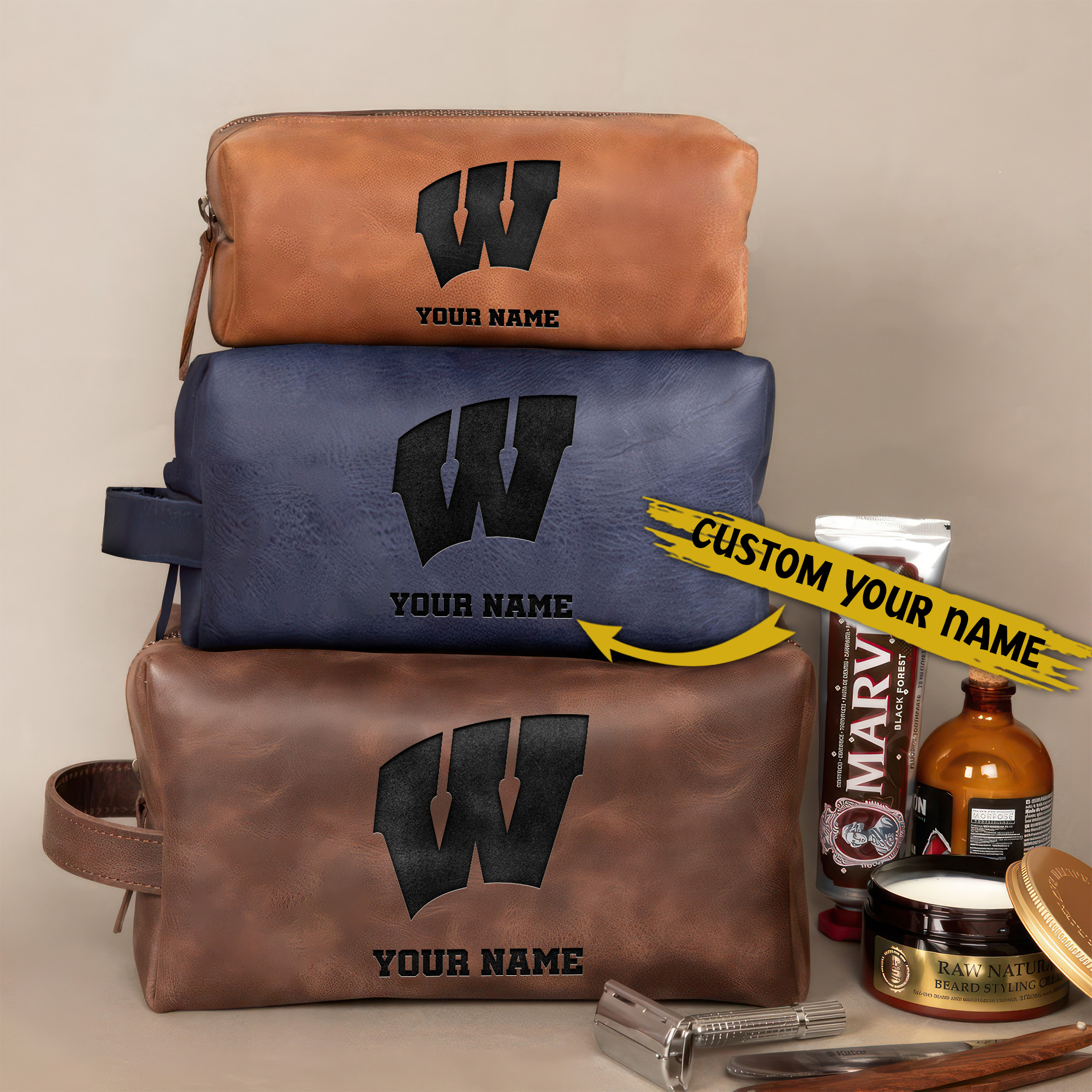 Wisconsin Badgers Leather Toiletry Bag For Men Custom Your Name 2024 Versions, Engraved Leather Dopp Kit Bag, Football Fan Gifts, Gift For Dad EHIVM-58899