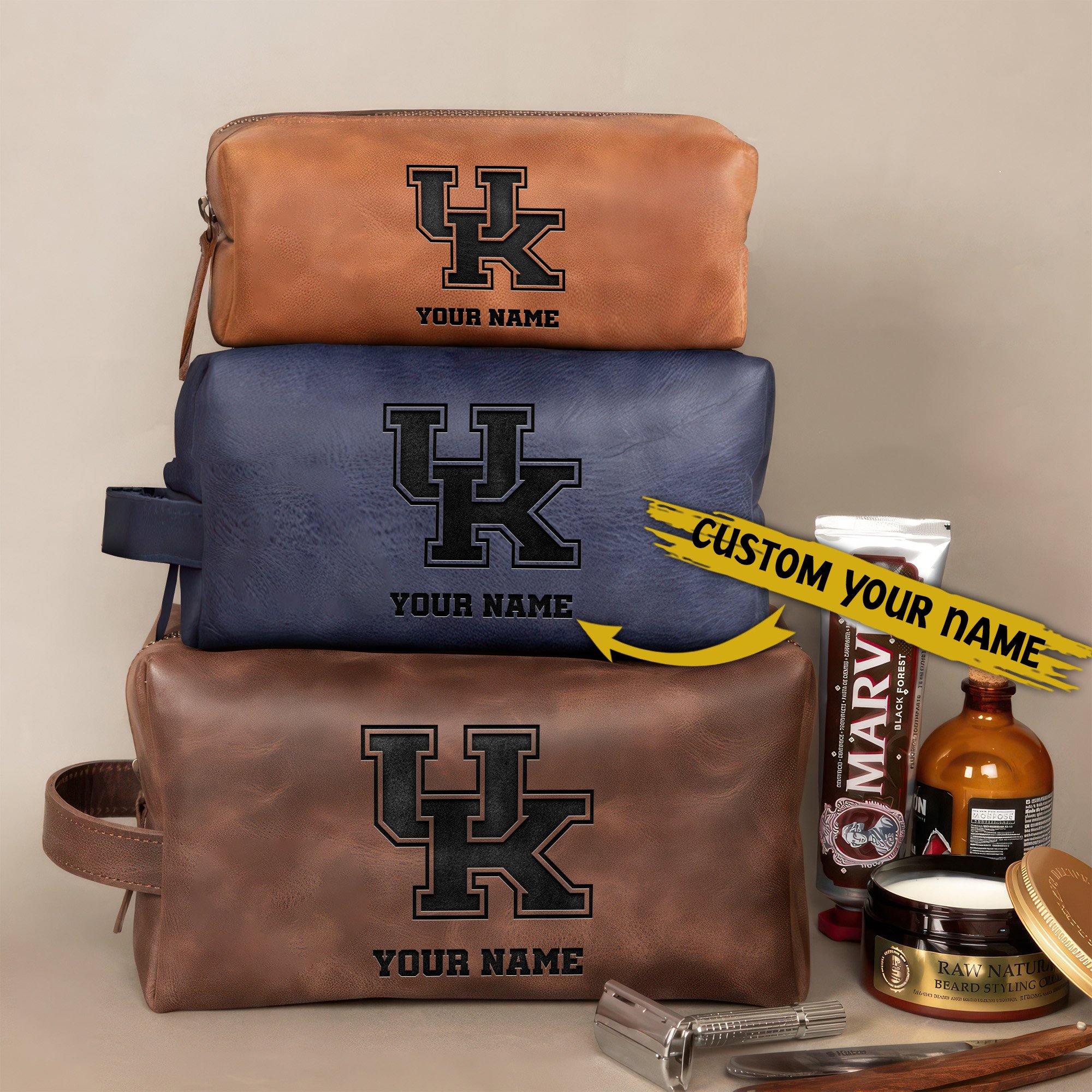 Kentucky Wildcats Leather Toiletry Bag For Men Custom Your Name 2024 Versions, Engraved Leather Dopp Kit Bag, Football Fan Gifts, Gift For Dad EHIVM-58899