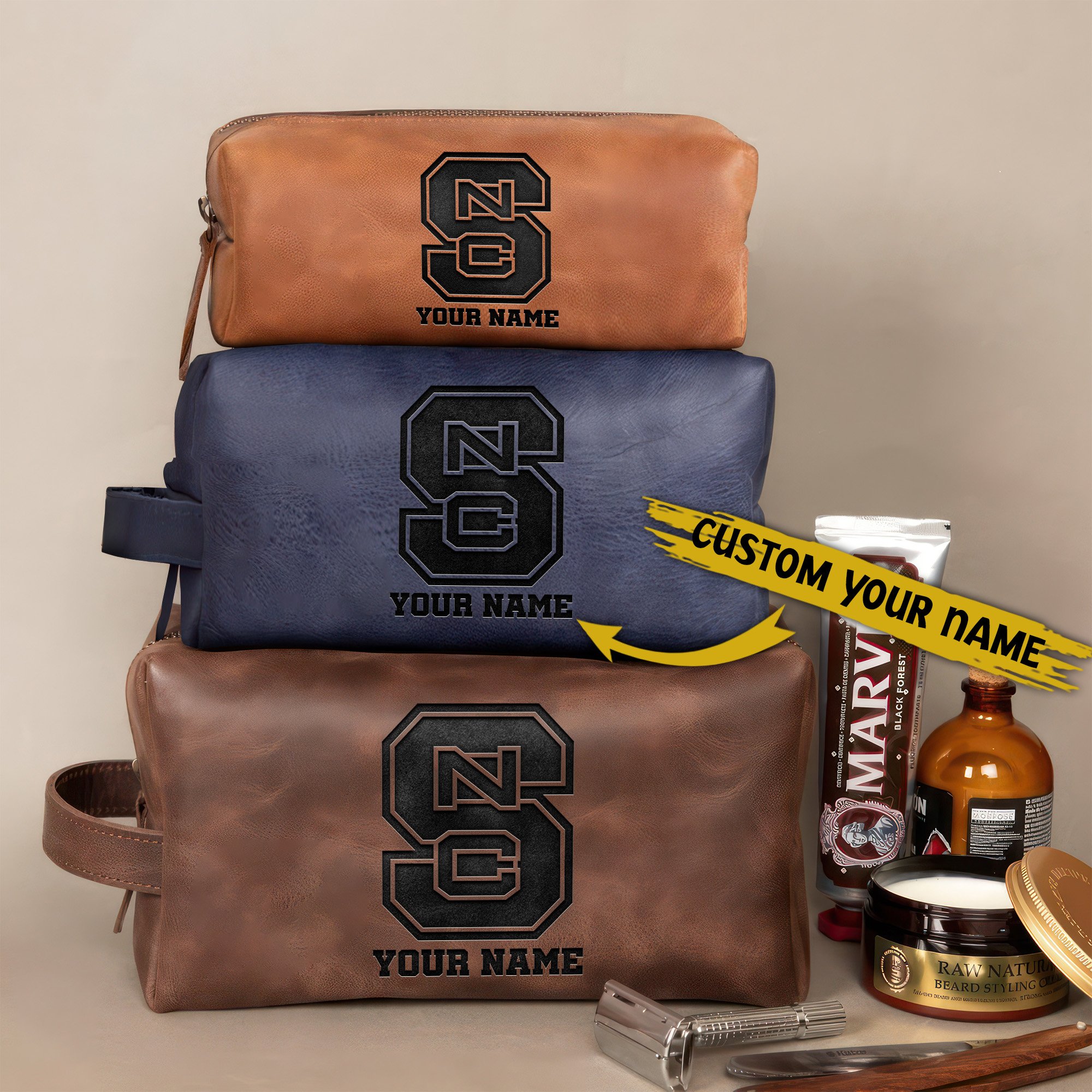 NC State Wolfpack Leather Toiletry Bag For Men Custom Your Name 2024 Versions, Engraved Leather Dopp Kit Bag, Football Fan Gifts, Gift For Dad EHIVM-58899