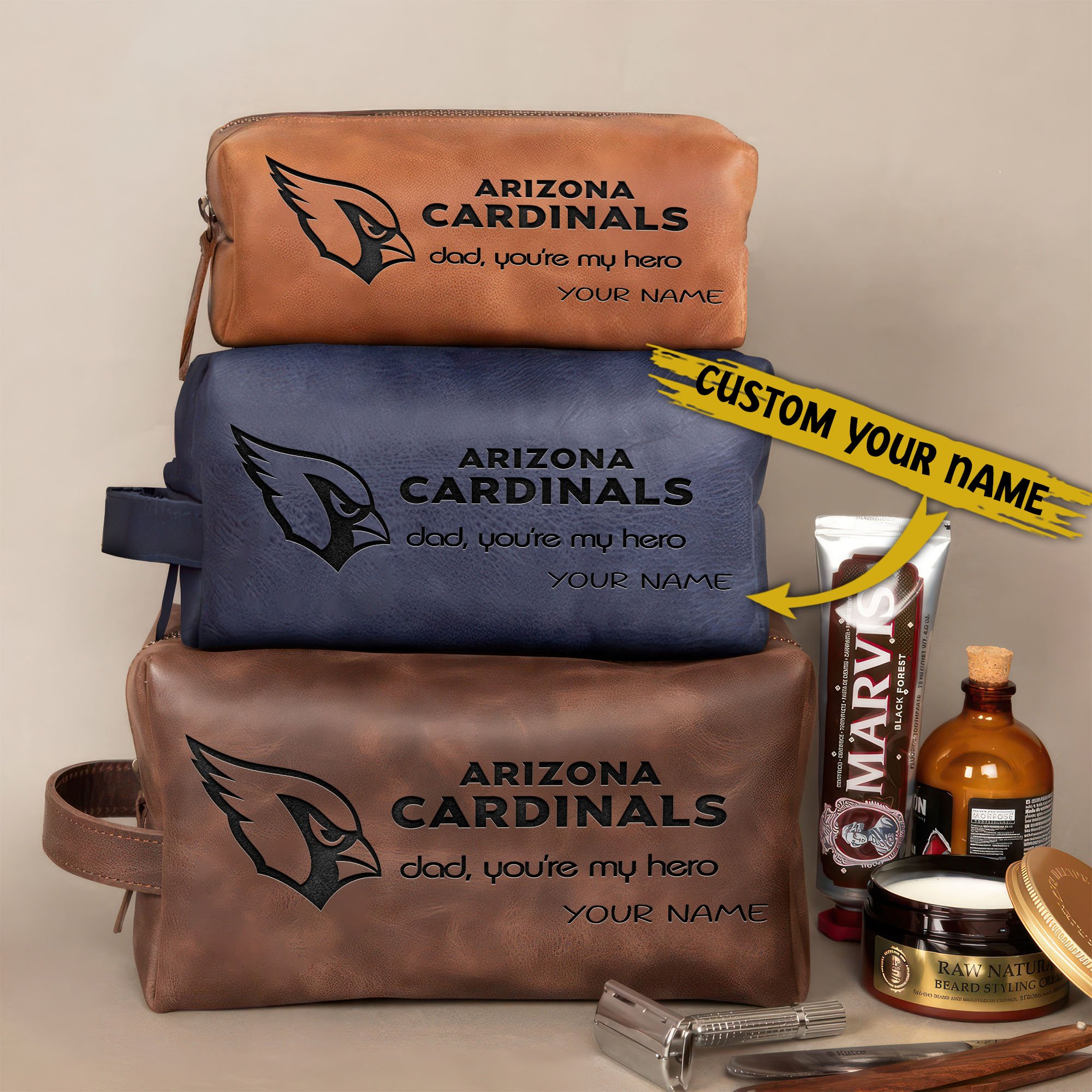 Arizona Cardinals Leather Toiletry Bag For Men Custom Your Name 2024 Versions, Engraved Leather Dopp Kit Bag, Leather Dopp Kits, Football Fan Gifts EHIVM-58983