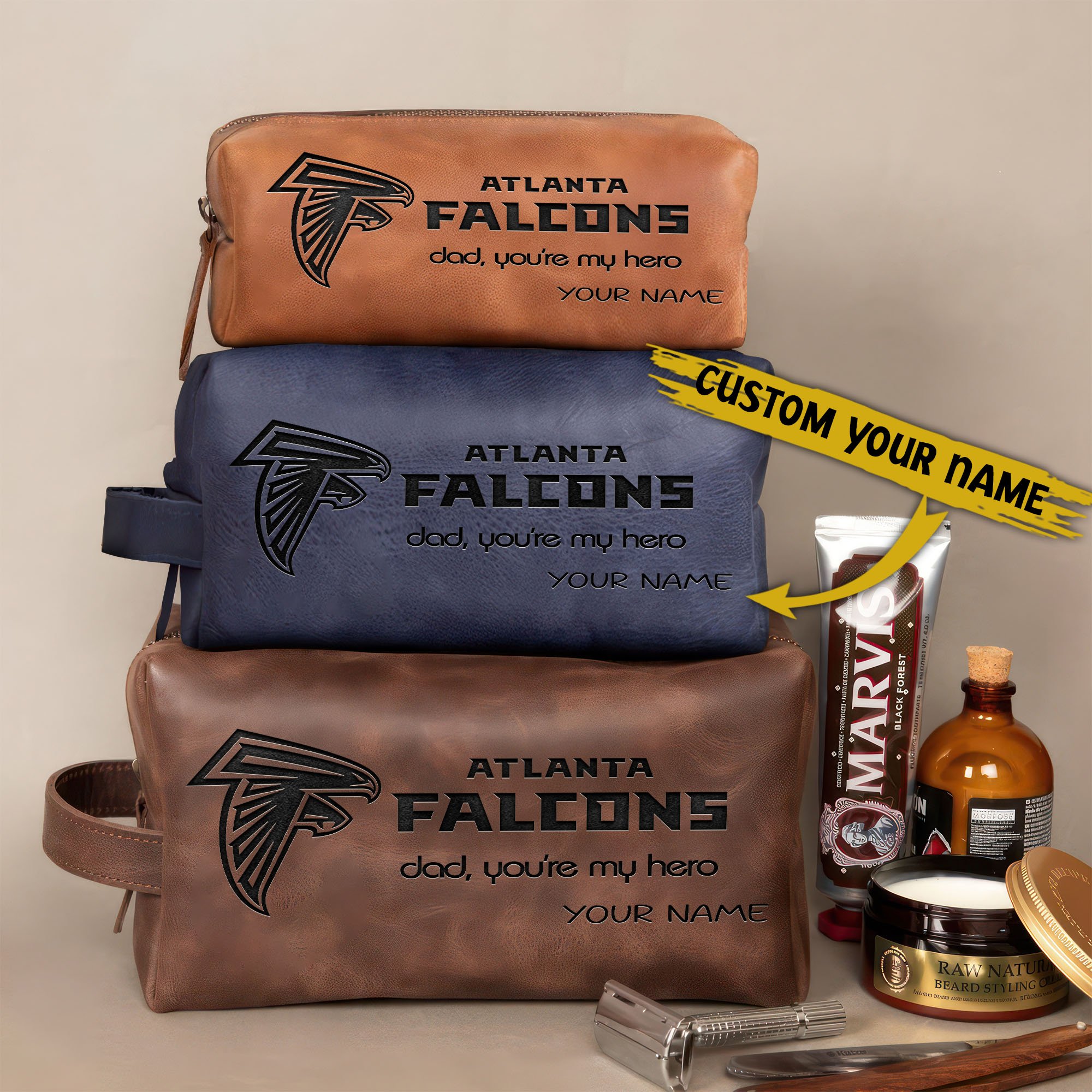 Atlanta Falcons Leather Toiletry Bag For Men Custom Your Name 2024 Versions, Engraved Leather Dopp Kit Bag, Leather Dopp Kits, Football Fan Gifts EHIVM-58983