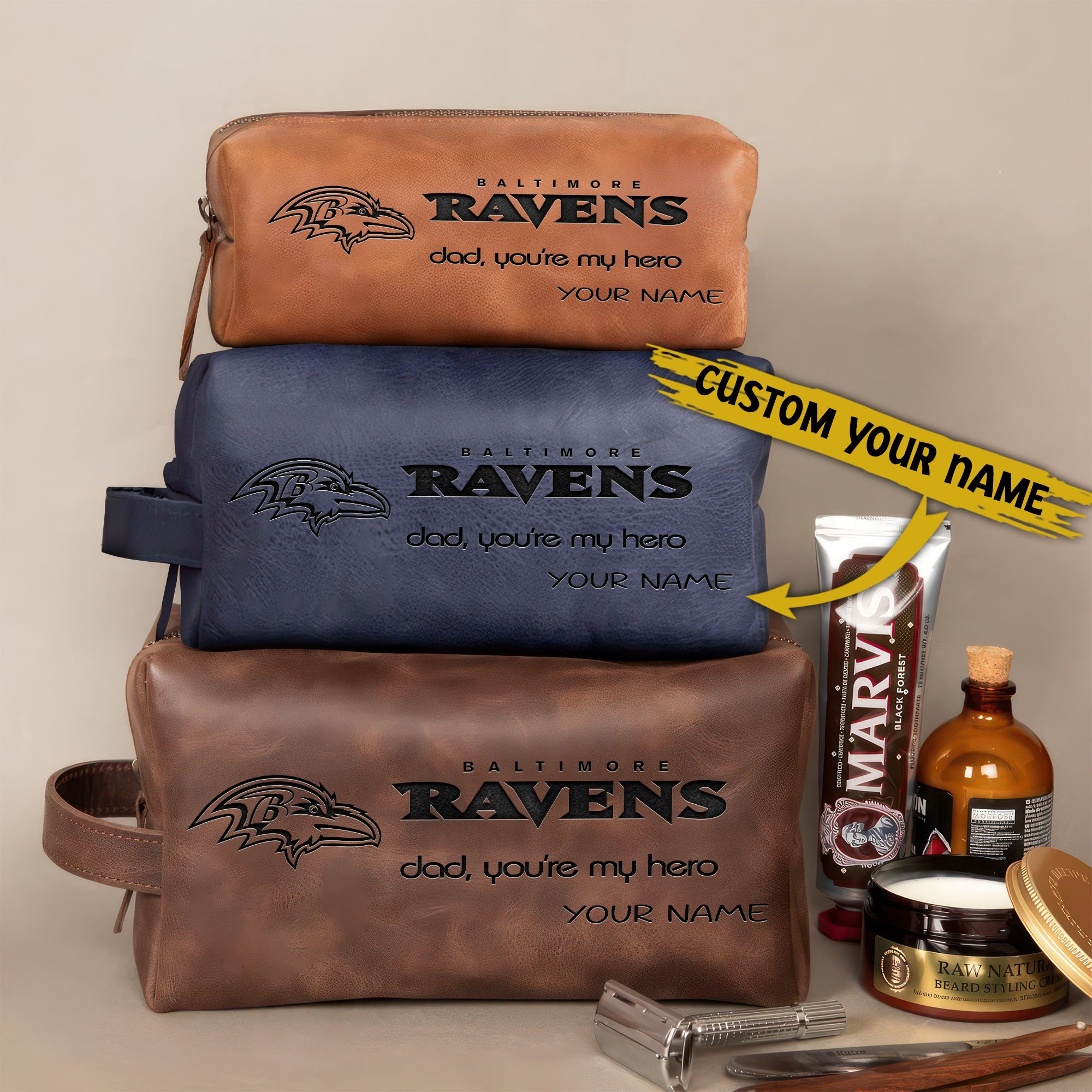 Baltimore Ravens Leather Toiletry Bag For Men Custom Your Name 2024 Versions, Engraved Leather Dopp Kit Bag, Leather Dopp Kits, Football Fan Gifts EHIVM-58983