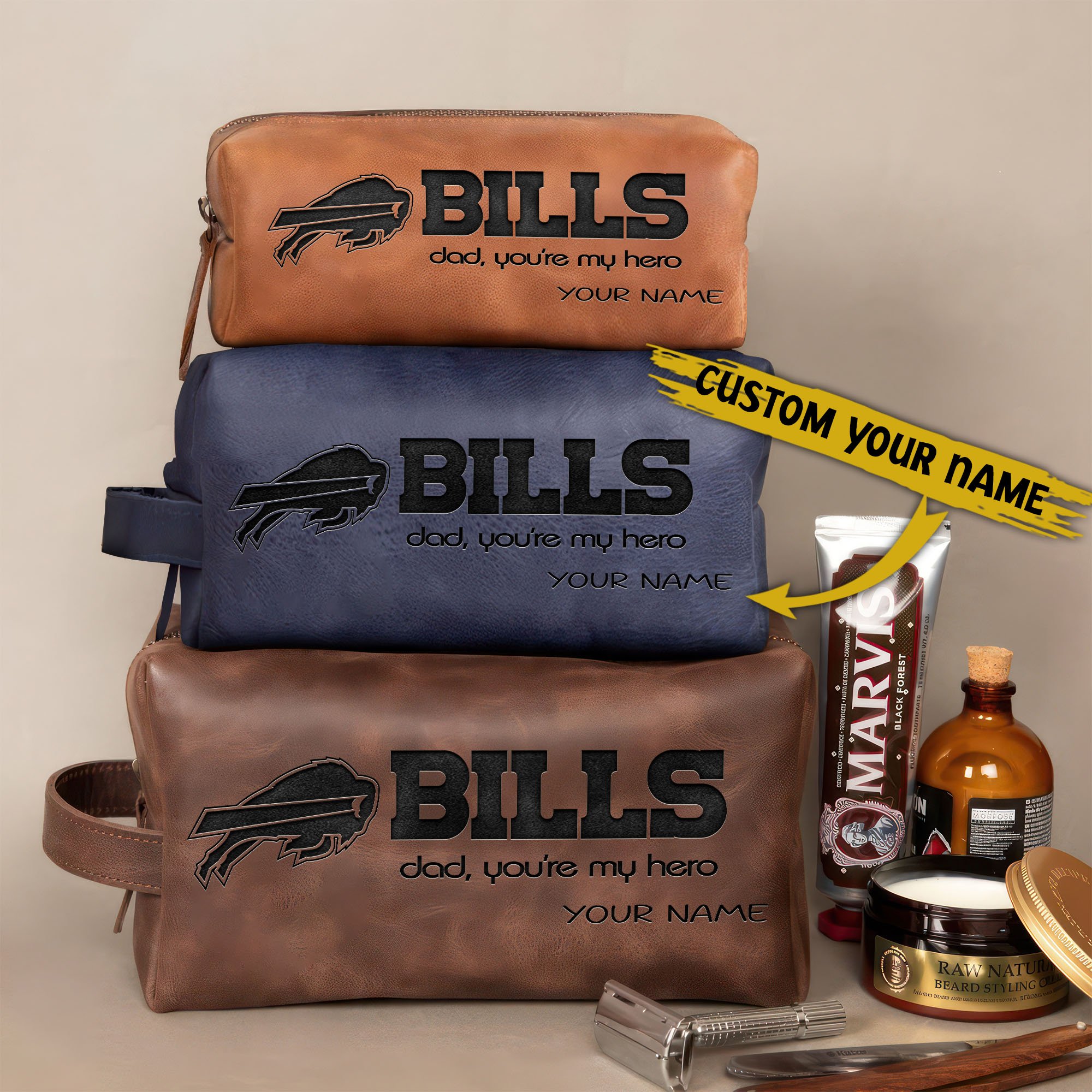 Buffalo Bills Leather Toiletry Bag For Men Custom Your Name 2024 Versions, Engraved Leather Dopp Kit Bag, Leather Dopp Kits, Football Fan Gifts EHIVM-58983