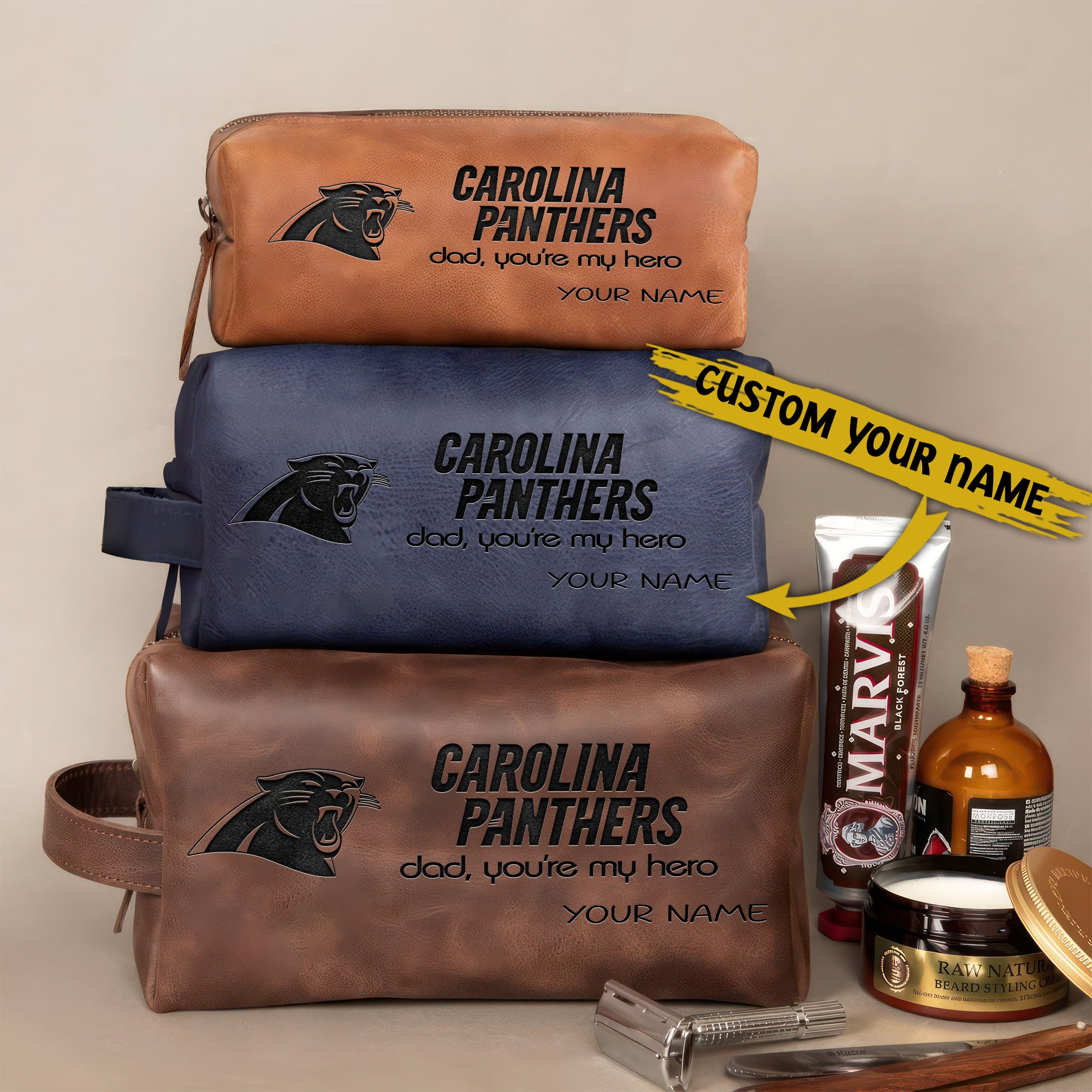 Carolina Panthers Leather Toiletry Bag For Men Custom Your Name 2024 Versions, Engraved Leather Dopp Kit Bag, Leather Dopp Kits, Football Fan Gifts EHIVM-58983