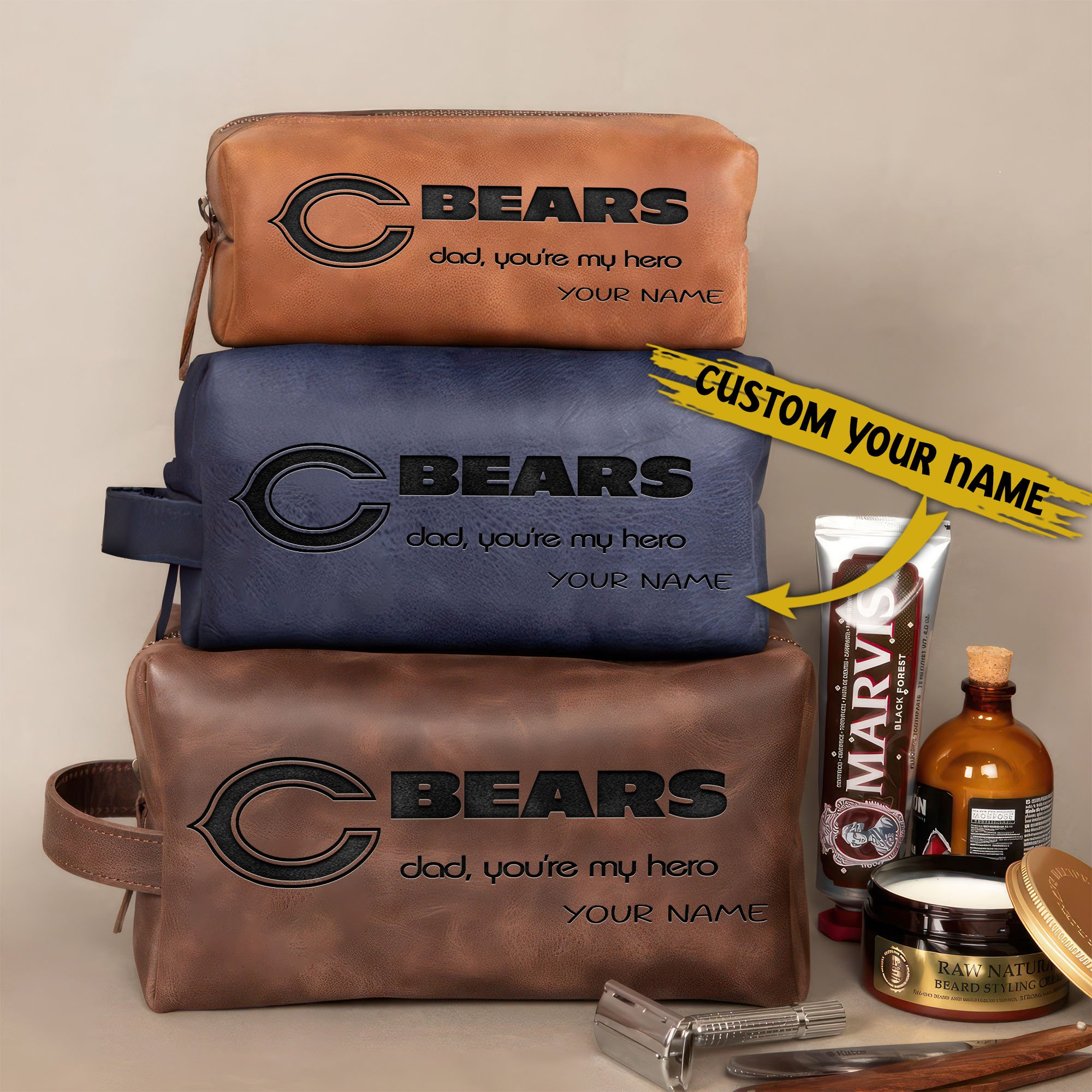 Chicago Bears Leather Toiletry Bag For Men Custom Your Name 2024 Versions, Engraved Leather Dopp Kit Bag, Leather Dopp Kits, Football Fan Gifts EHIVM-58983