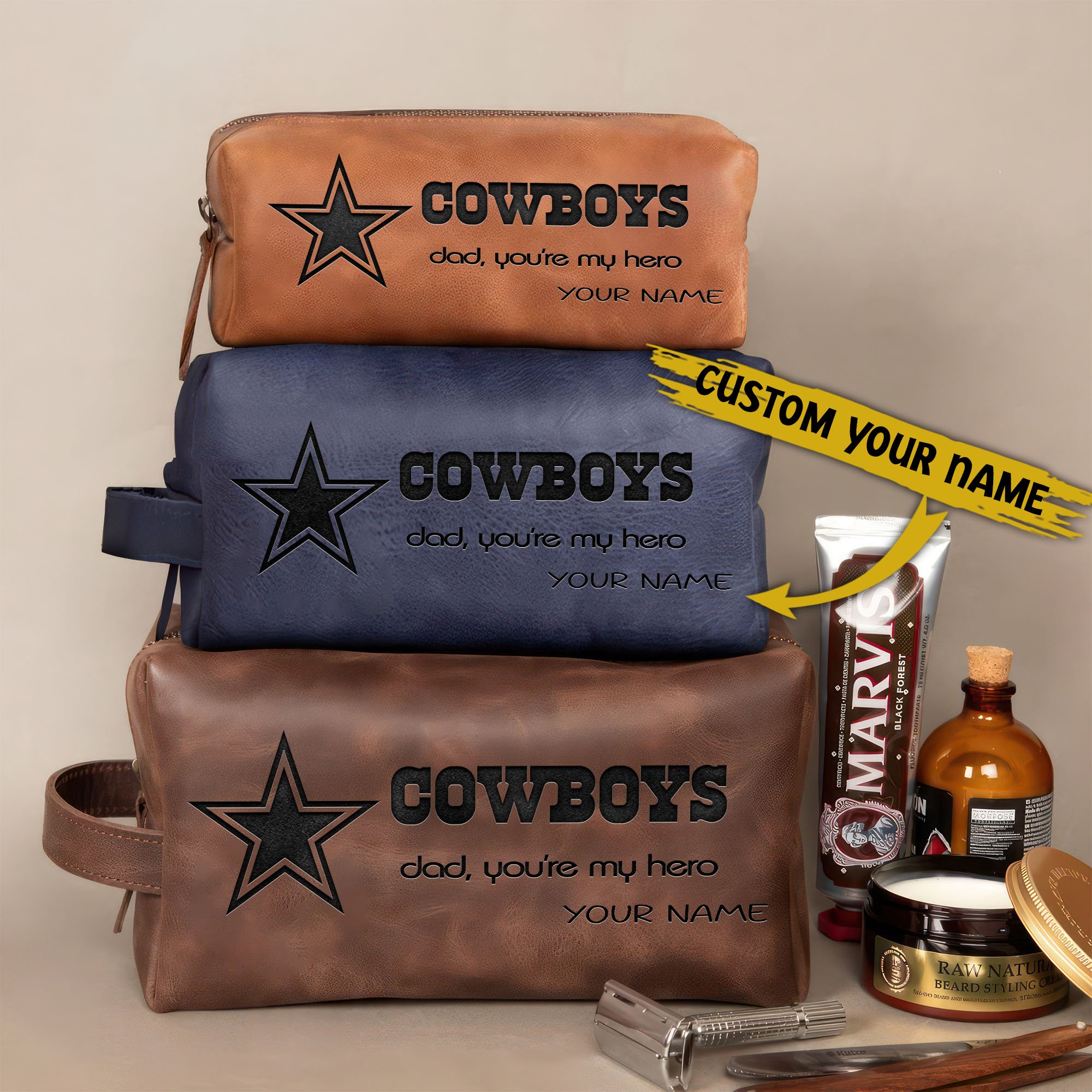 Dallas Cowboys Leather Toiletry Bag For Men Custom Your Name 2024 Versions, Engraved Leather Dopp Kit Bag, Leather Dopp Kits, Football Fan Gifts EHIVM-58983