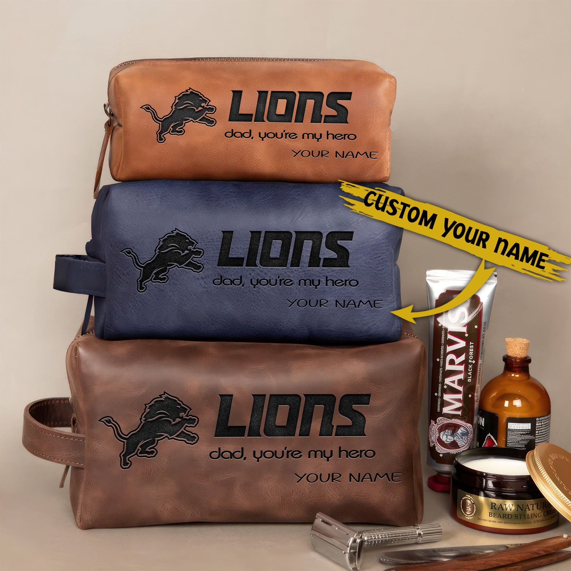 Detroit Lions Leather Toiletry Bag For Men Custom Your Name 2024 Versions, Engraved Leather Dopp Kit Bag, Leather Dopp Kits, Football Fan Gifts EHIVM-58983