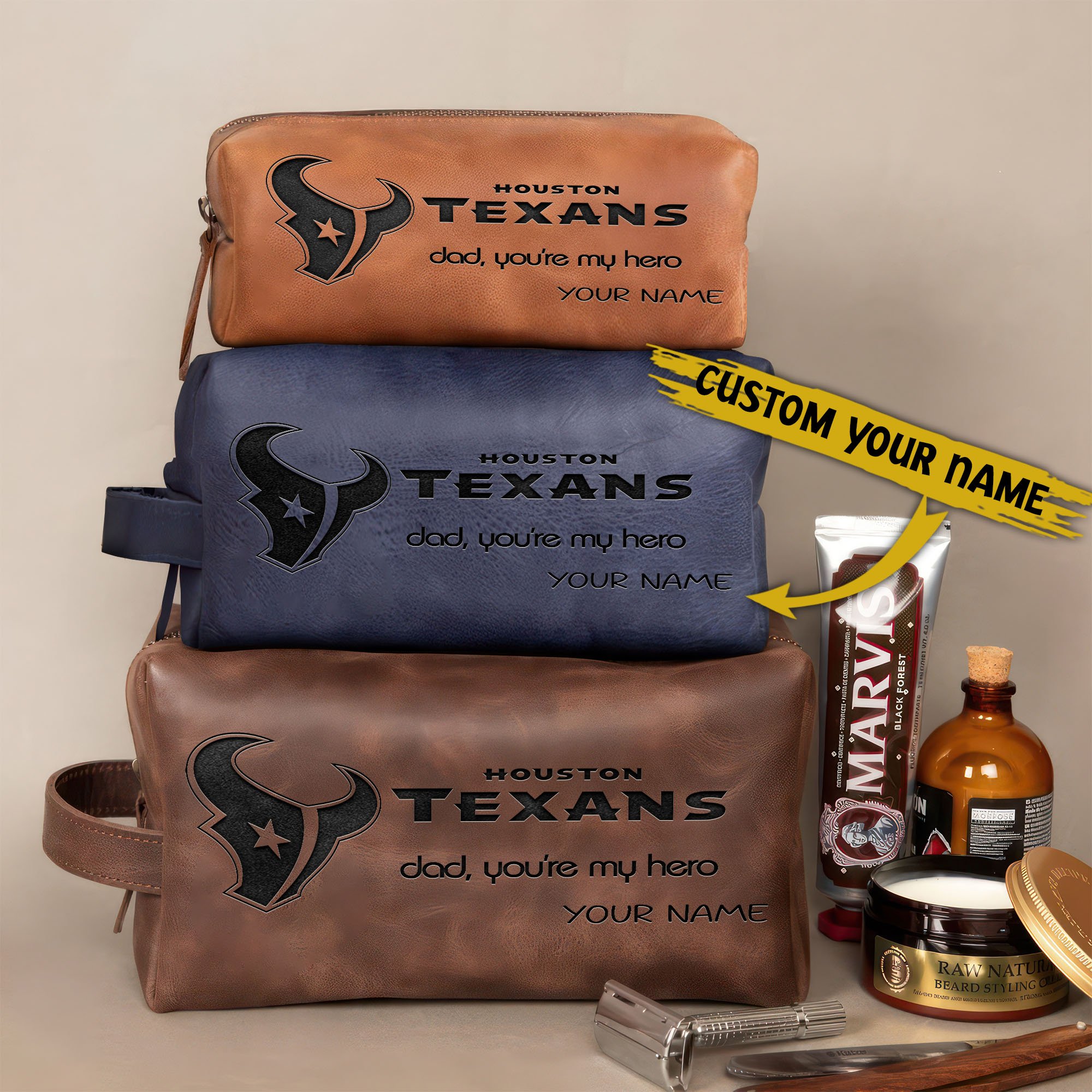 Houston Texans Leather Toiletry Bag For Men Custom Your Name 2024 Versions, Engraved Leather Dopp Kit Bag, Leather Dopp Kits, Football Fan Gifts EHIVM-58983