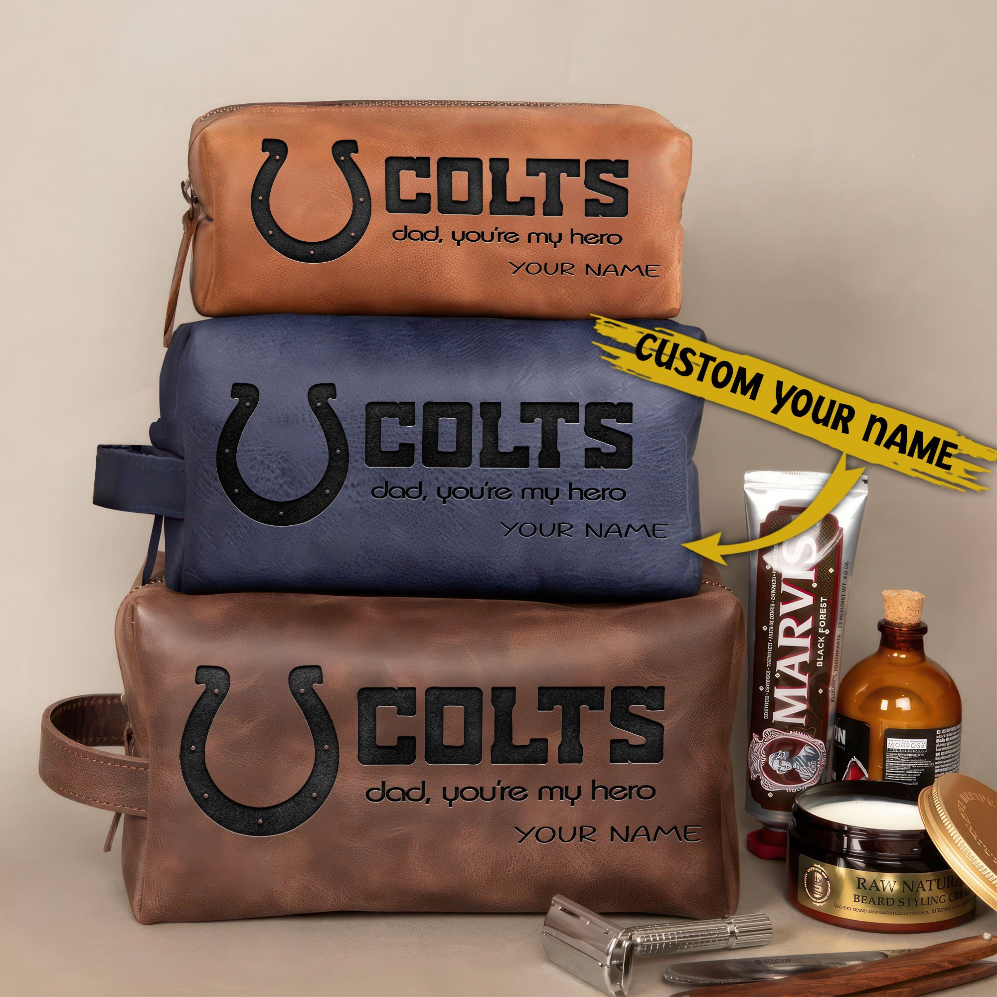 Indianapolis Colts Leather Toiletry Bag For Men Custom Your Name 2024 Versions, Engraved Leather Dopp Kit Bag, Leather Dopp Kits, Football Fan Gifts EHIVM-58983