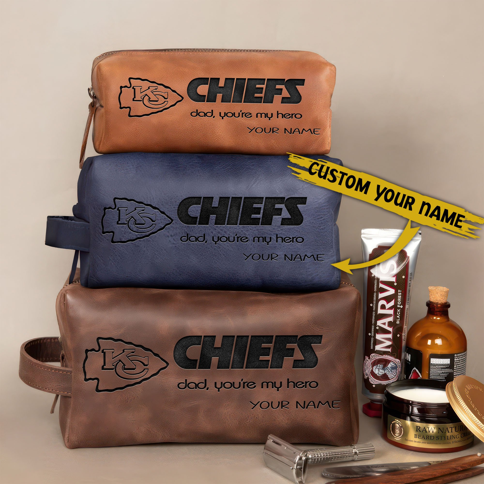 Kansas City Chiefs Leather Toiletry Bag For Men Custom Your Name 2024 Versions, Engraved Leather Dopp Kit Bag, Leather Dopp Kits, Football Fan Gifts EHIVM-58983