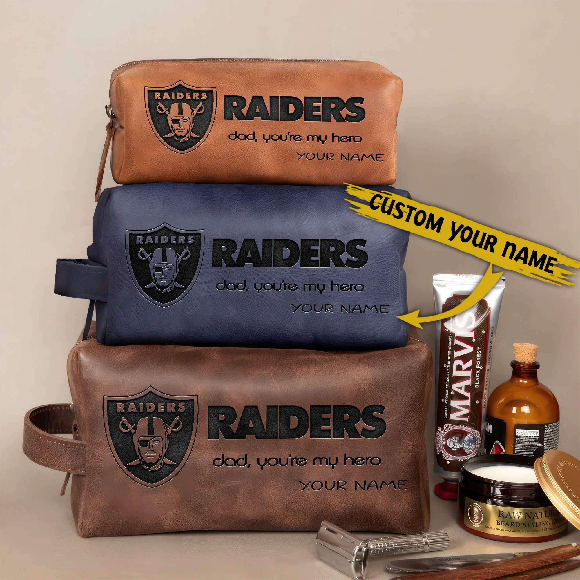 Las Vegas Raiders Leather Toiletry Bag For Men Custom Your Name 2024 Versions, Engraved Leather Dopp Kit Bag, Leather Dopp Kits, Football Fan Gifts EHIVM-58983