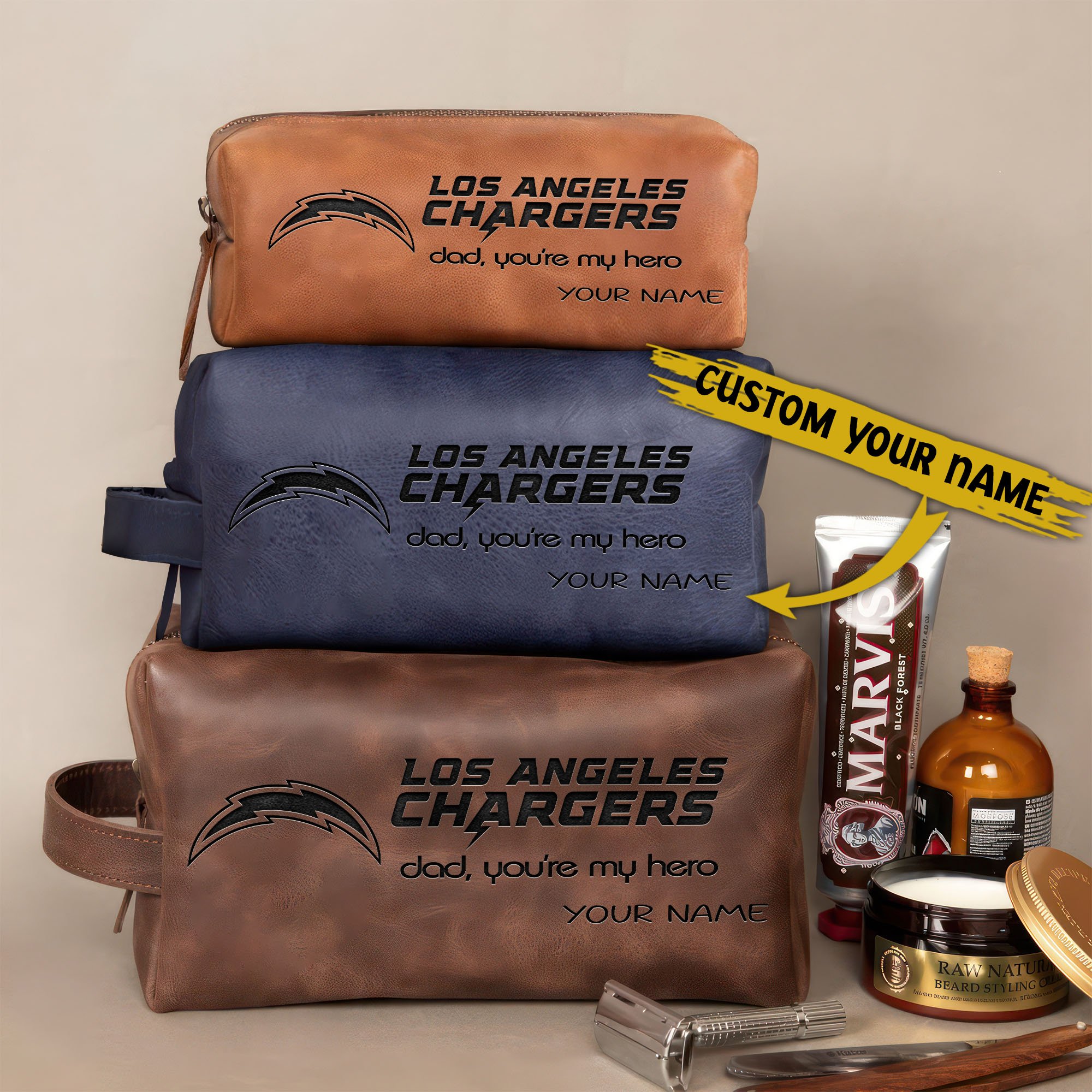 Los Angeles Chargers Leather Toiletry Bag For Men Custom Your Name 2024 Versions, Engraved Leather Dopp Kit Bag, Leather Dopp Kits, Football Fan Gifts EHIVM-58983