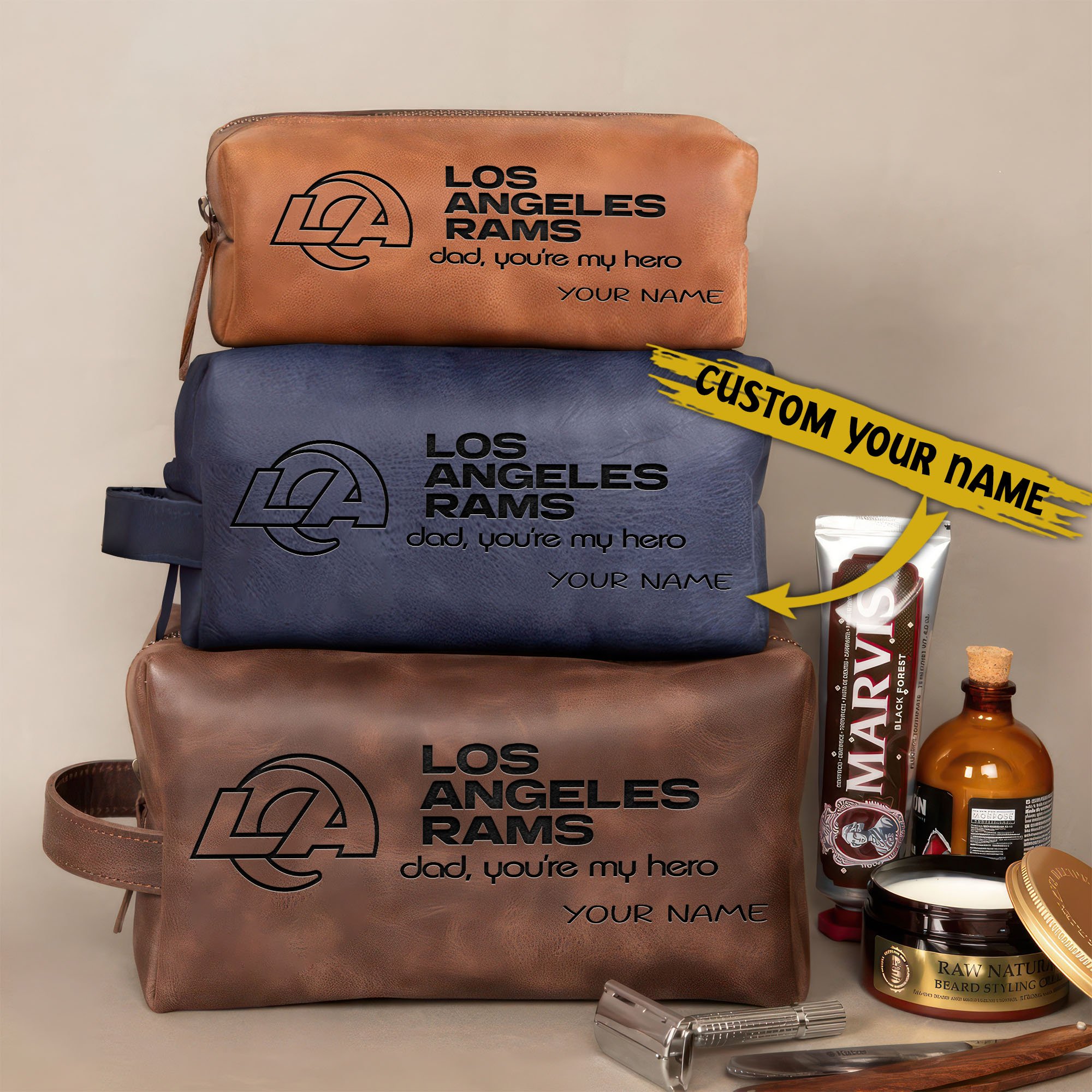 Los Angeles Rams Leather Toiletry Bag For Men Custom Your Name 2024 Versions, Engraved Leather Dopp Kit Bag, Leather Dopp Kits, Football Fan Gifts EHIVM-58983