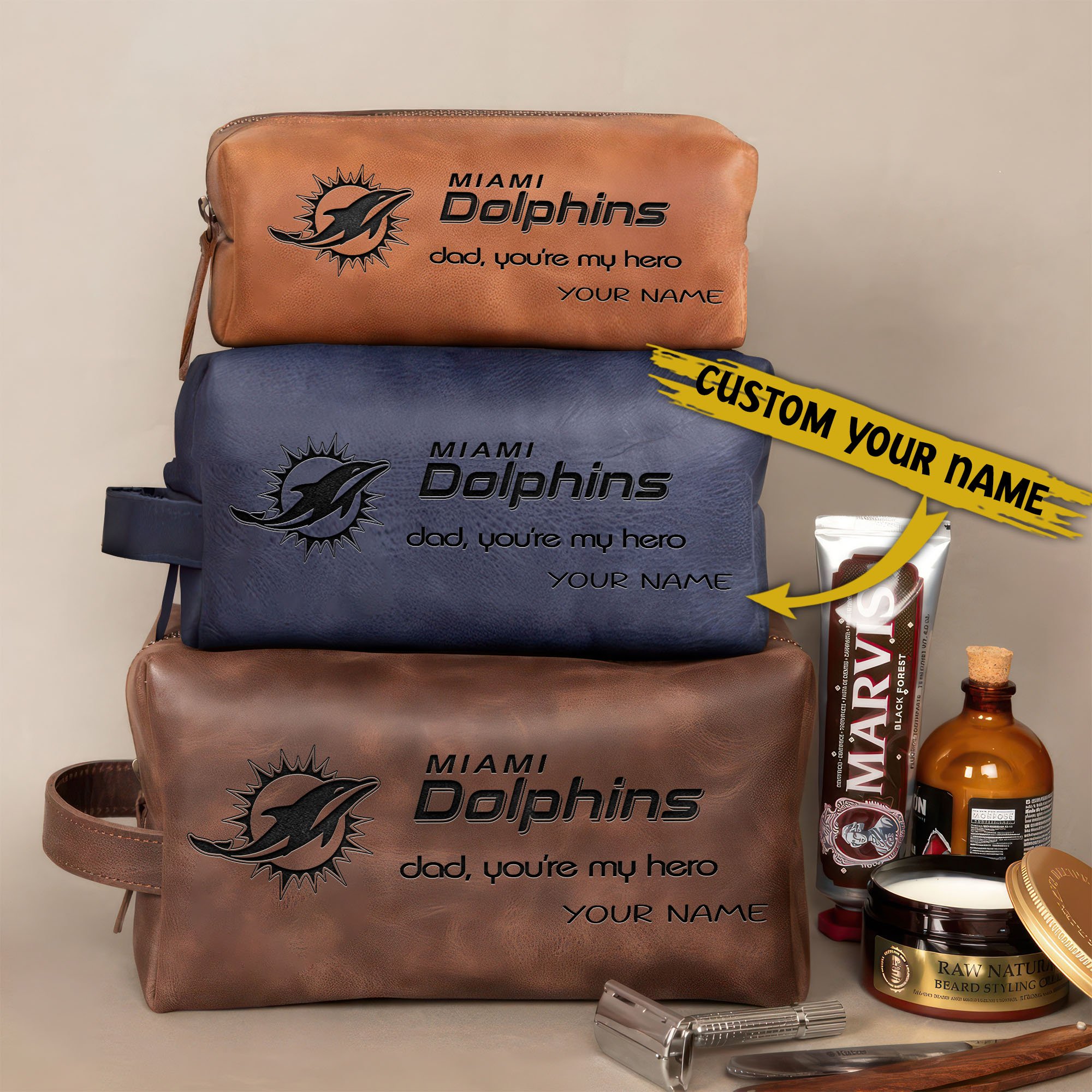 Miami Dolphins Leather Toiletry Bag For Men Custom Your Name 2024 Versions, Engraved Leather Dopp Kit Bag, Leather Dopp Kits, Football Fan Gifts EHIVM-58983