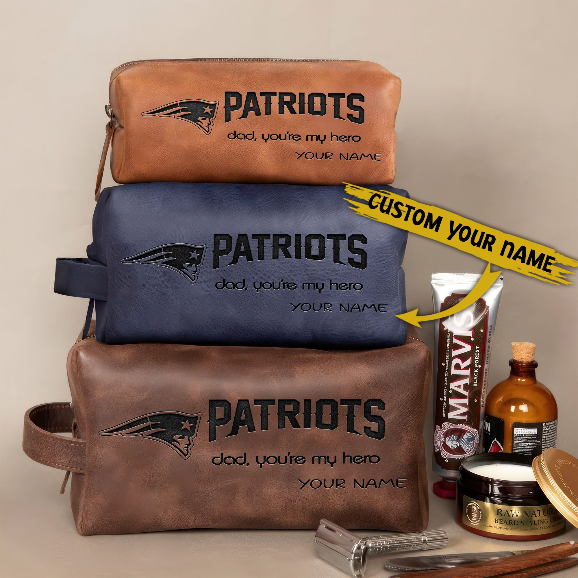 New England Patriots Leather Toiletry Bag For Men Custom Your Name 2024 Versions, Engraved Leather Dopp Kit Bag, Leather Dopp Kits, Football Fan Gifts EHIVM-58983