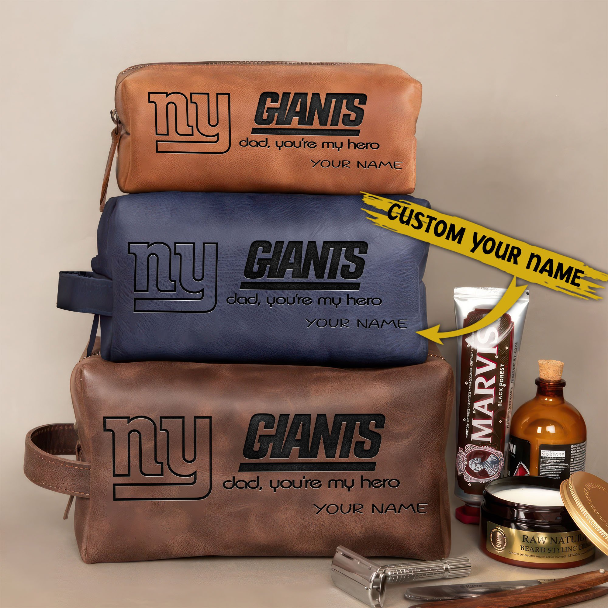 New York Giants Leather Toiletry Bag For Men Custom Your Name 2024 Versions, Engraved Leather Dopp Kit Bag, Leather Dopp Kits, Football Fan Gifts EHIVM-58983