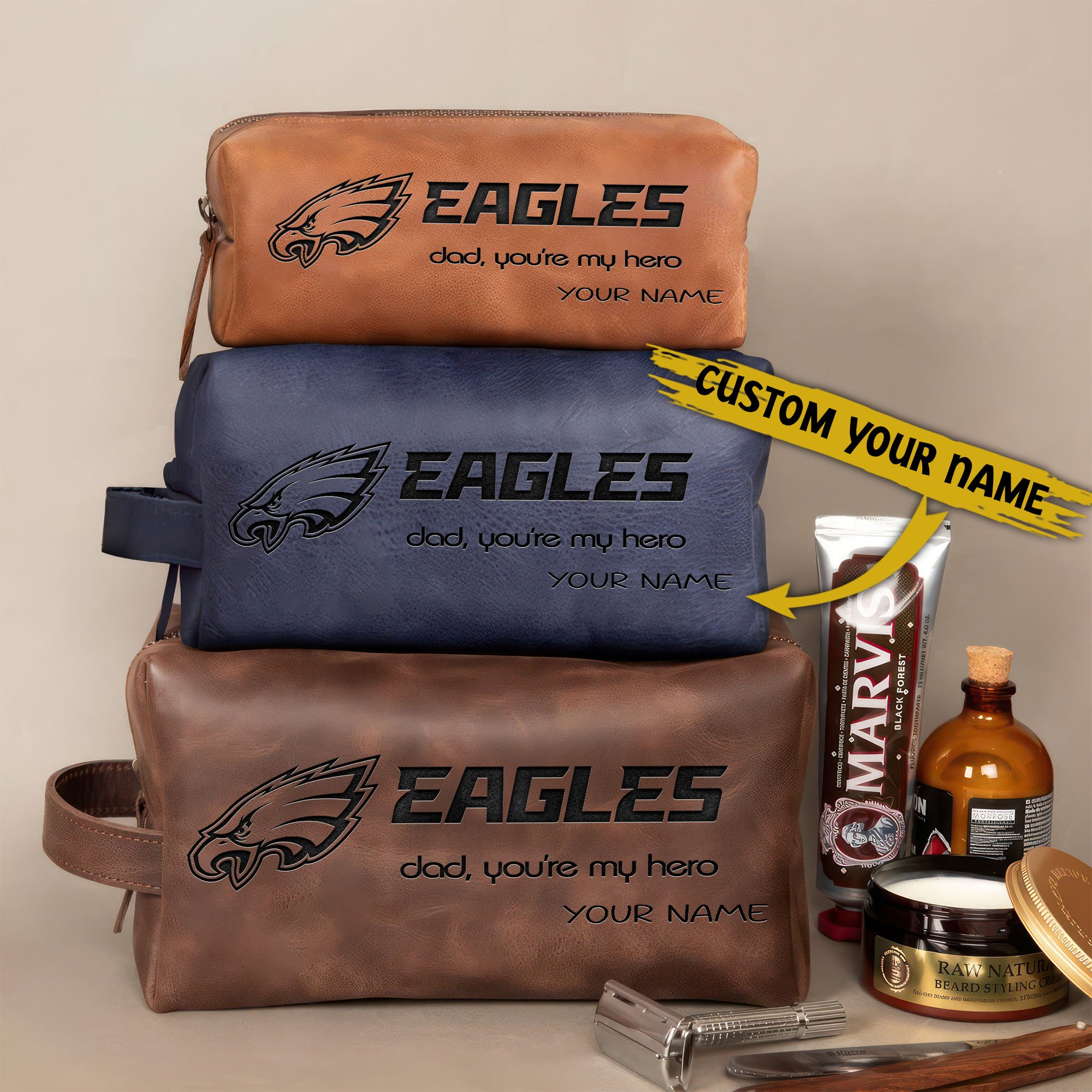 Philadelphia Eagles Leather Toiletry Bag For Men Custom Your Name 2024 Versions, Engraved Leather Dopp Kit Bag, Leather Dopp Kits, Football Fan Gifts EHIVM-58983