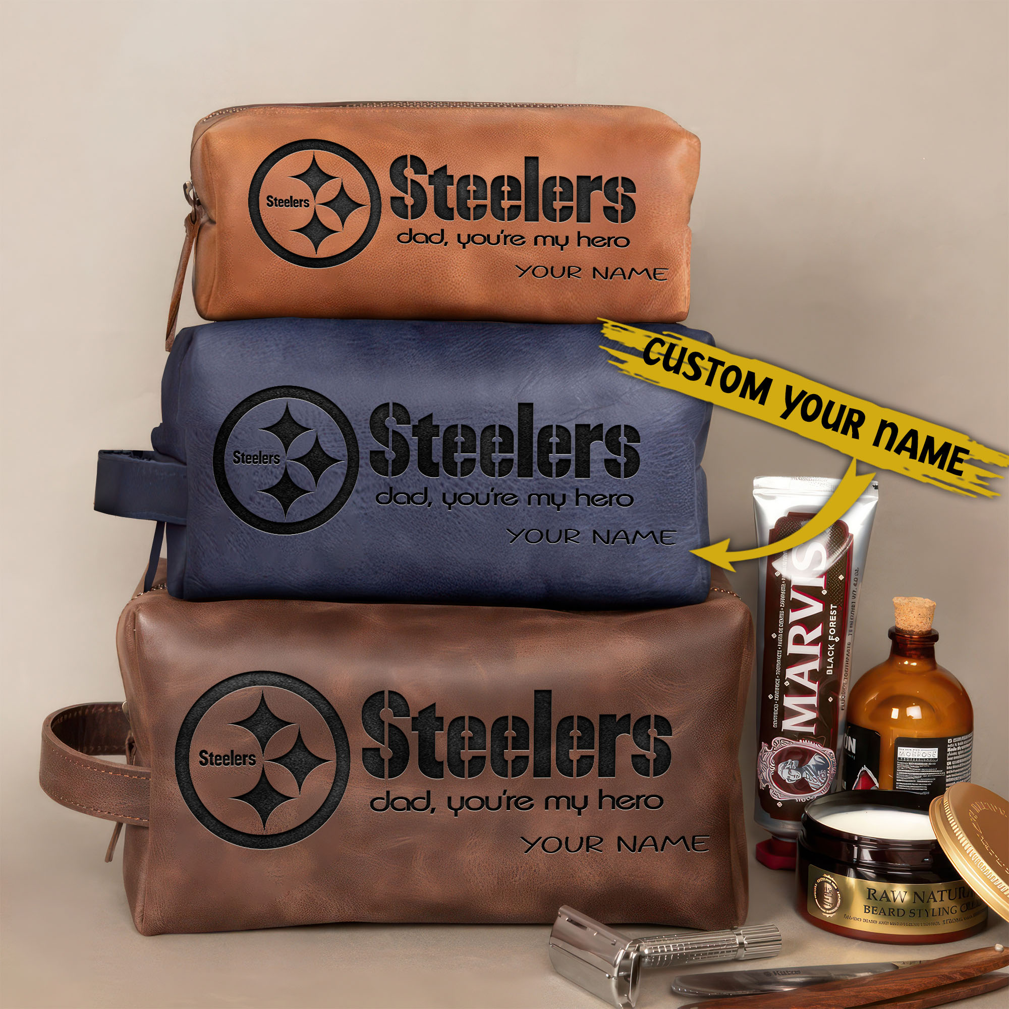 Pittsburgh Steelers Leather Toiletry Bag For Men Custom Your Name 2024 Versions, Engraved Leather Dopp Kit Bag, Leather Dopp Kits, Football Fan Gifts EHIVM-58983