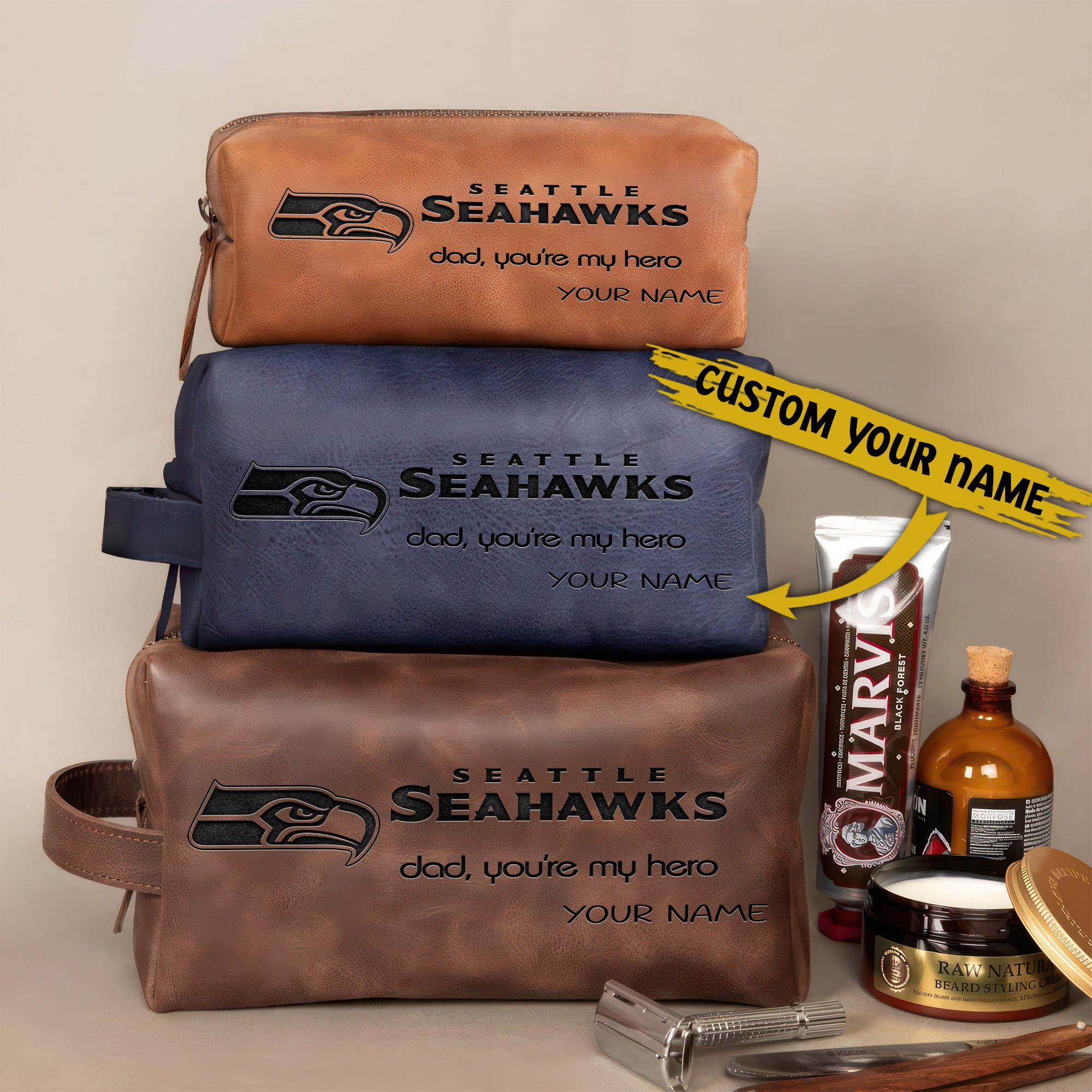 Seattle Seahawks Leather Toiletry Bag For Men Custom Your Name 2024 Versions, Engraved Leather Dopp Kit Bag, Leather Dopp Kits, Football Fan Gifts EHIVM-58983