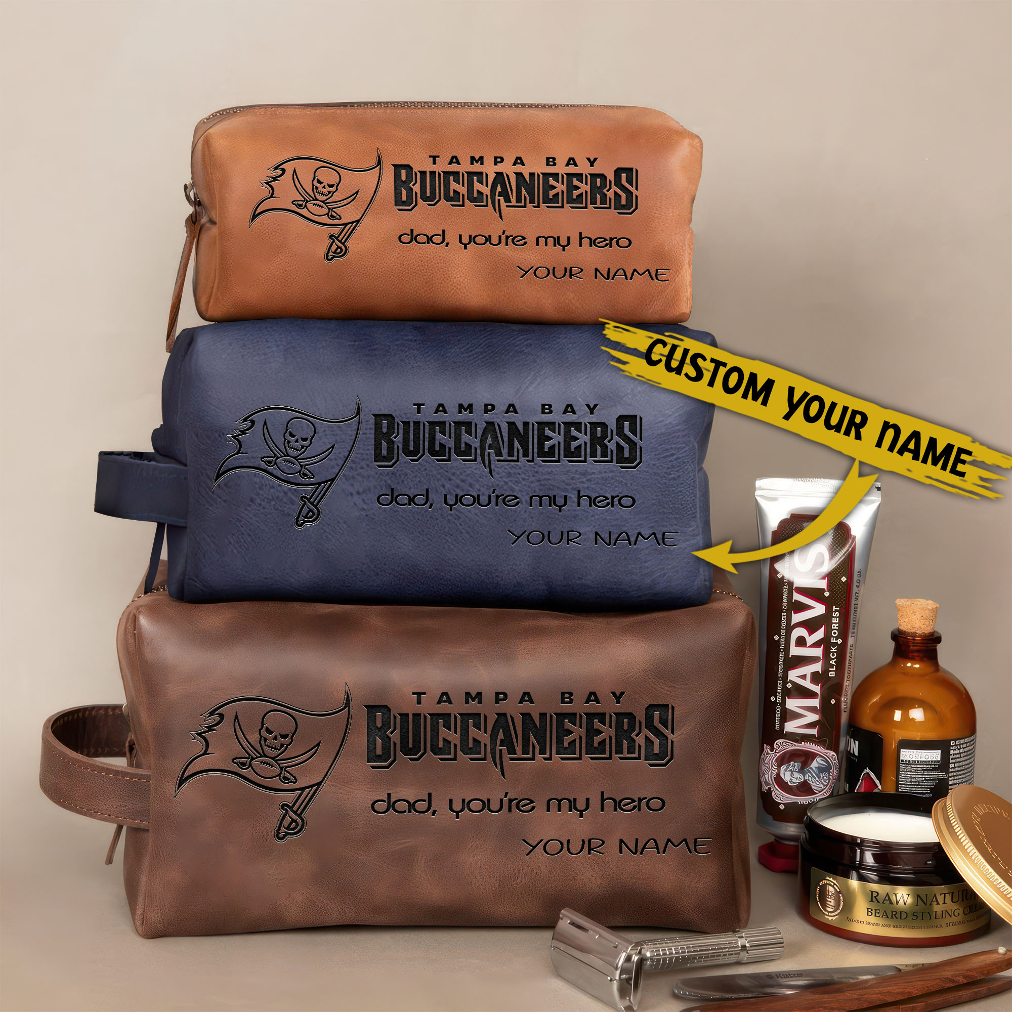 Tampa Bay Buccaneers Leather Toiletry Bag For Men Custom Your Name 2024 Versions, Engraved Leather Dopp Kit Bag, Leather Dopp Kits, Football Fan Gifts EHIVM-58983