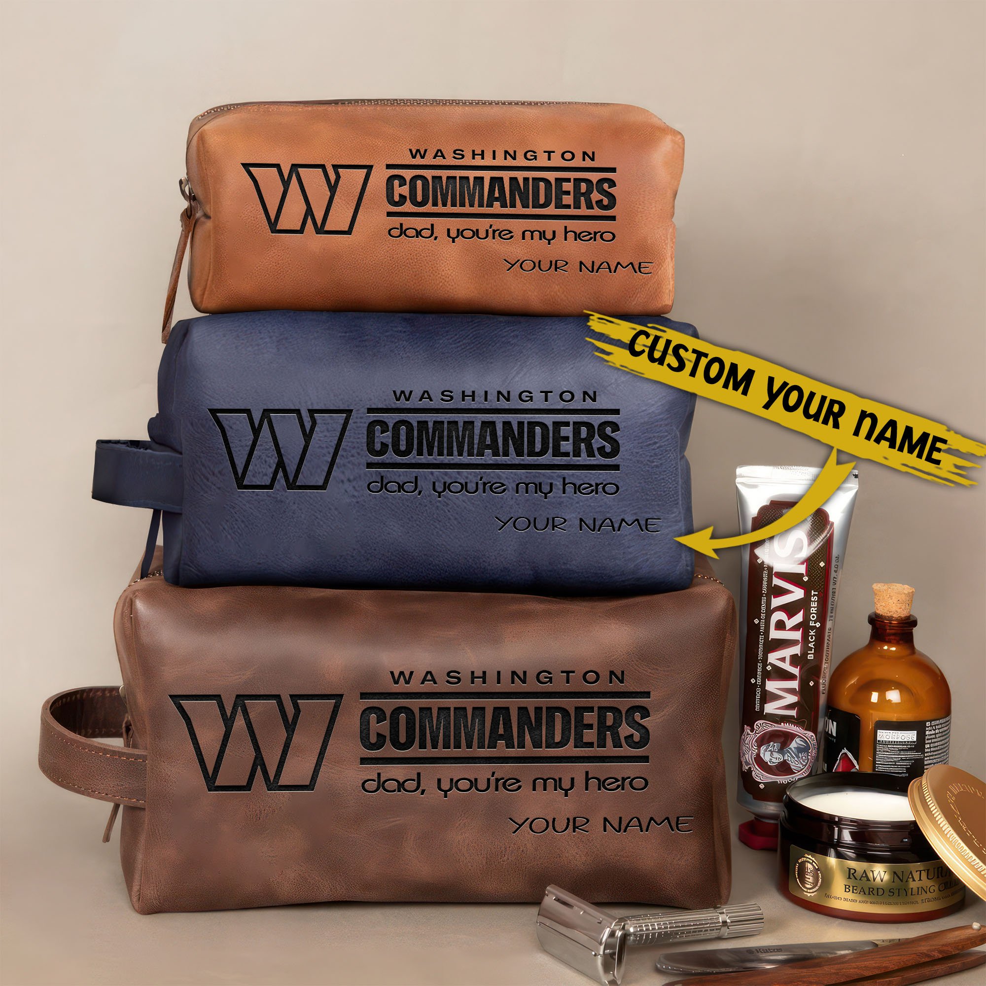 Washington Commanders Leather Toiletry Bag For Men Custom Your Name 2024 Versions, Engraved Leather Dopp Kit Bag, Leather Dopp Kits, Football Fan Gifts EHIVM-58983