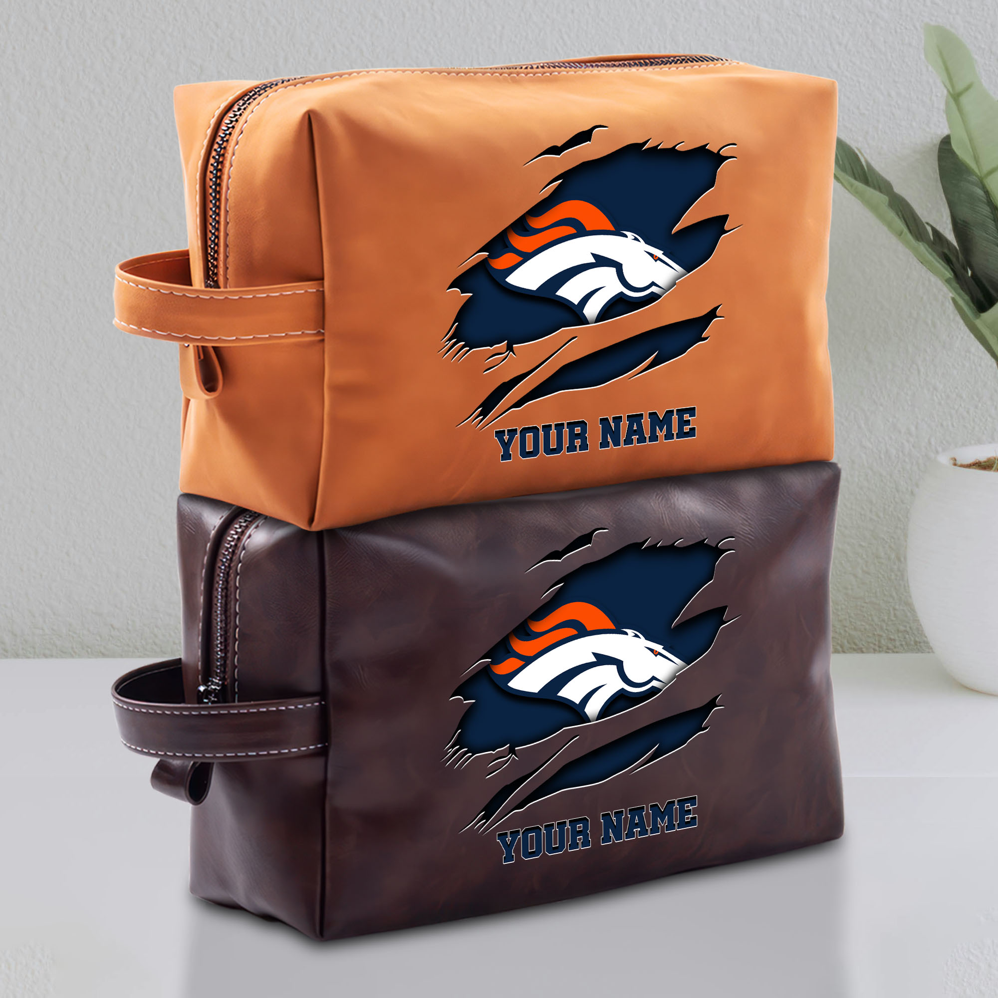 Denver Broncos Leather Toiletry Bag For Men Custom Your Name 2024 Versions, Leather Dopp Kit Bag, Football Fan Gifts, Gift For Dad EHIVM-58986