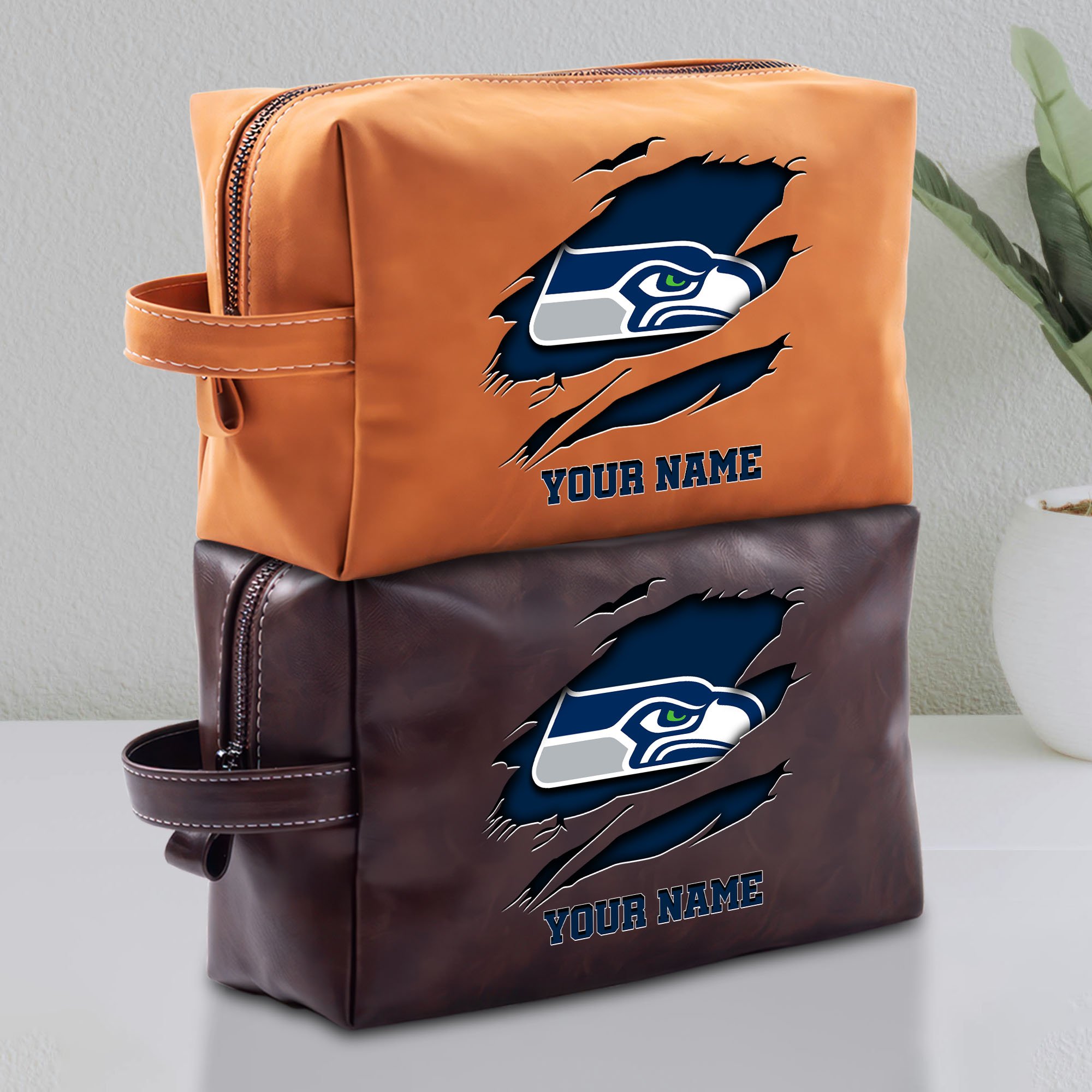 Seattle Seahawks Leather Toiletry Bag For Men Custom Your Name 2024 Versions, Leather Dopp Kit Bag, Football Fan Gifts, Gift For Dad EHIVM-58986