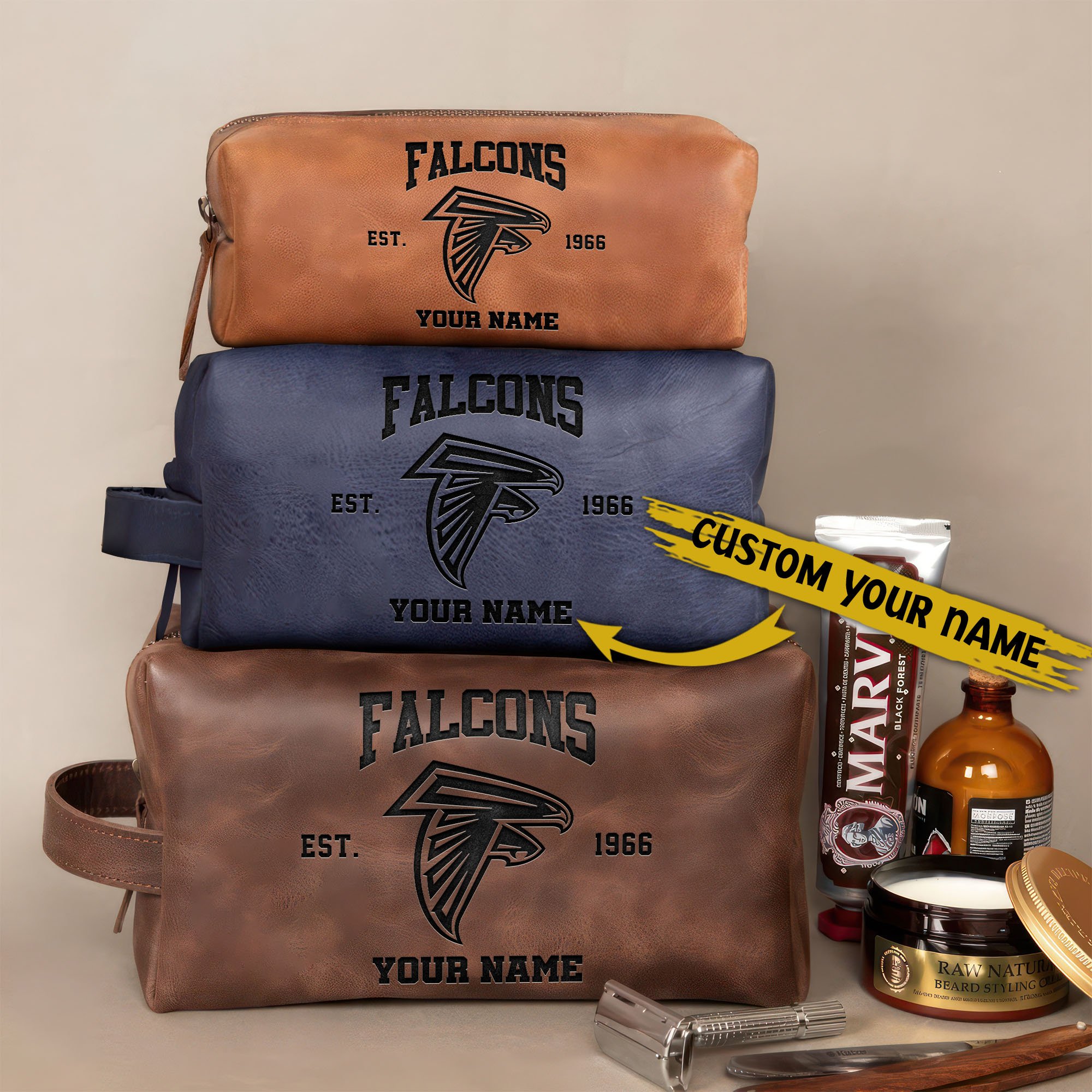 Atlanta Falcons Leather Toiletry Bag For Men Custom Your Name 2024 Versions, Engraved Leather Dopp Kit Bag, Leather Dopp Kits, Football Fan Gifts EHIVM-58987