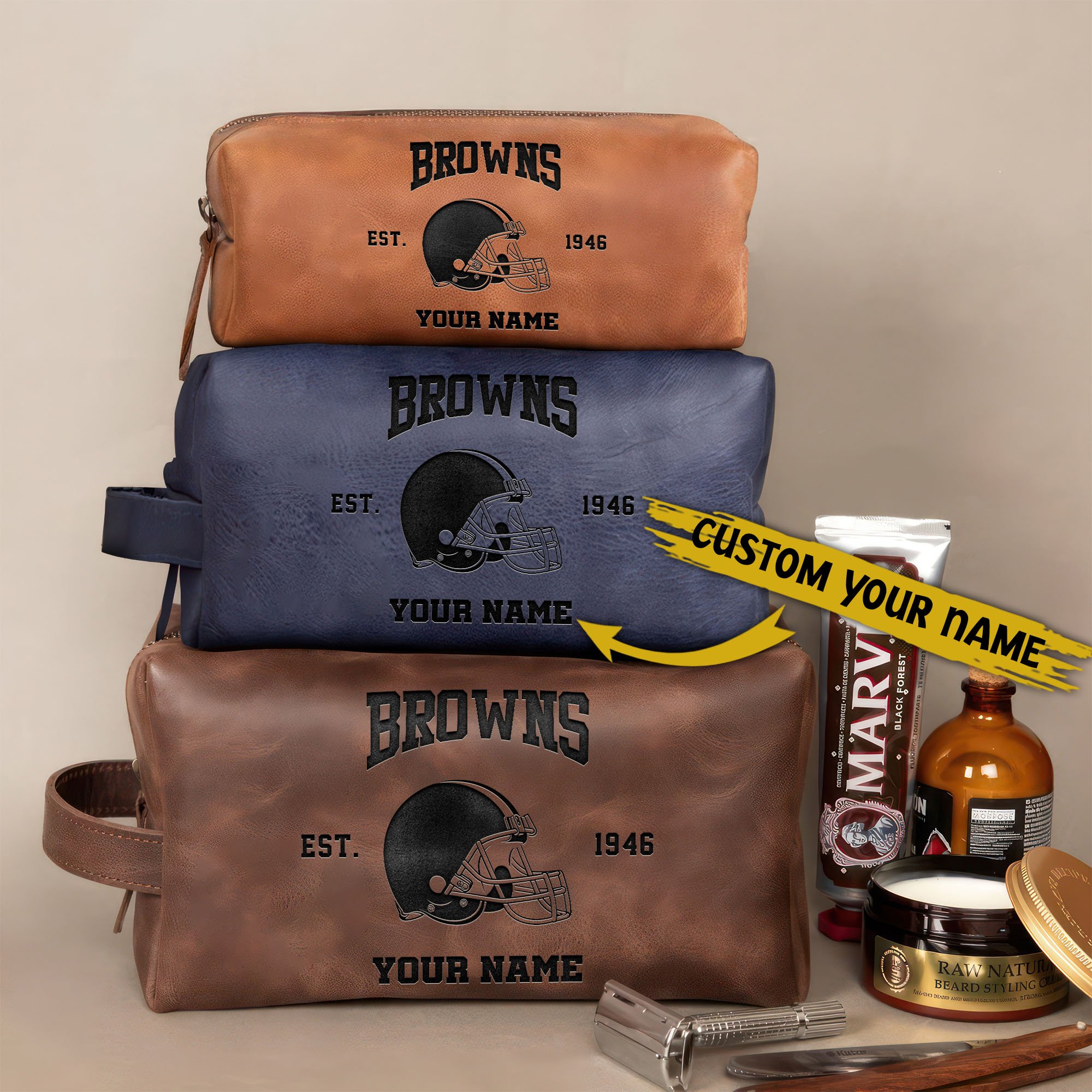 Cleveland Browns Leather Toiletry Bag For Men Custom Your Name 2024 Versions, Engraved Leather Dopp Kit Bag, Leather Dopp Kits, Football Fan Gifts EHIVM-58987