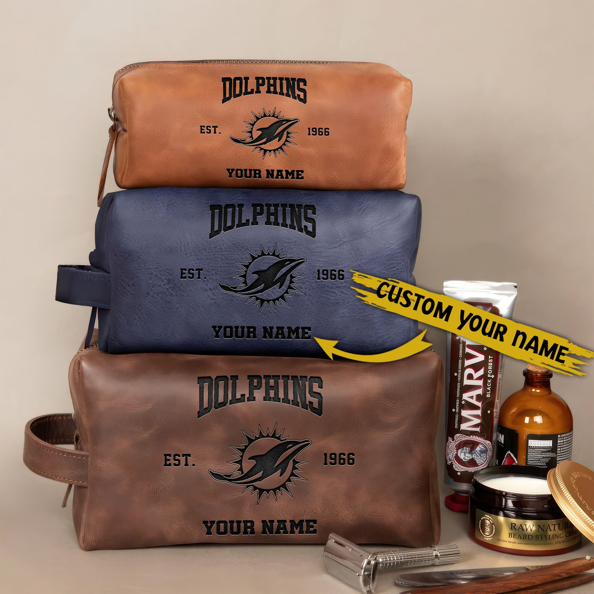 Miami Dolphins Leather Toiletry Bag For Men Custom Your Name 2024 Versions, Engraved Leather Dopp Kit Bag, Leather Dopp Kits, Football Fan Gifts EHIVM-58987