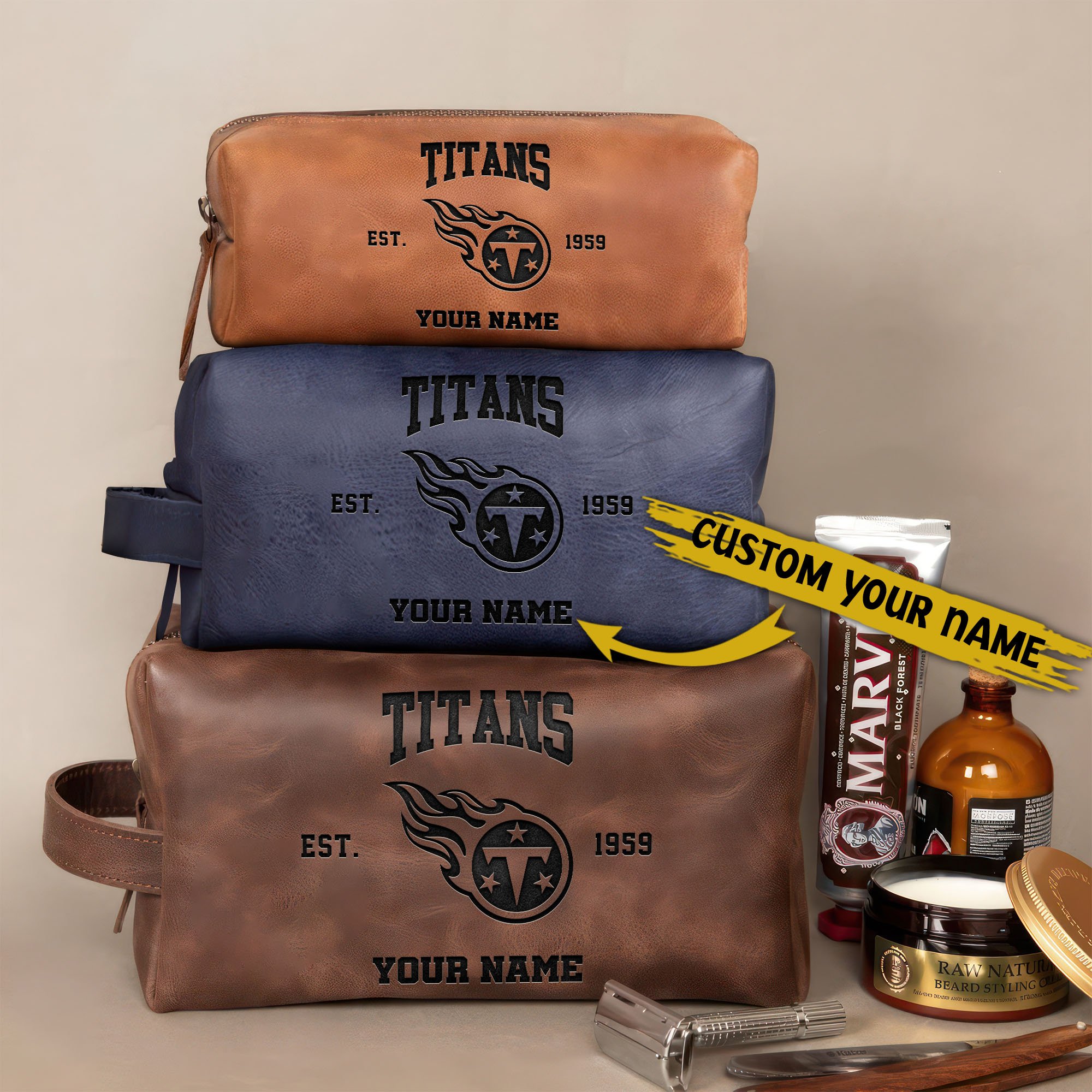 Tennessee Titans Leather Toiletry Bag For Men Custom Your Name 2024 Versions, Engraved Leather Dopp Kit Bag, Leather Dopp Kits, Football Fan Gifts EHIVM-58987