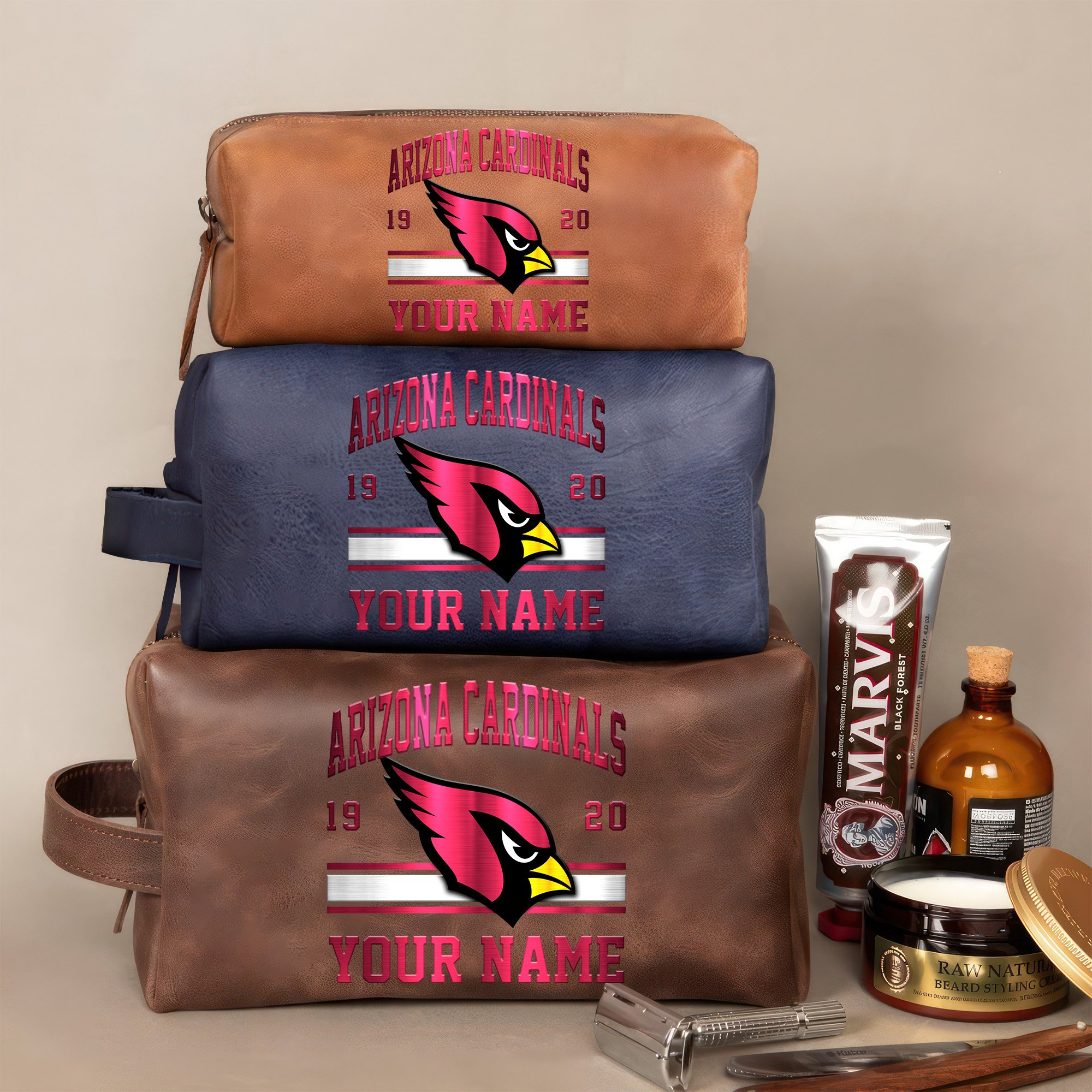 Arizona Cardinals Leather Toiletry Bag For Men Custom Your Name, 2D In Leather Dopp Kit Bag, Football Fan Gifts, Gift For Dad EHIVM-59099